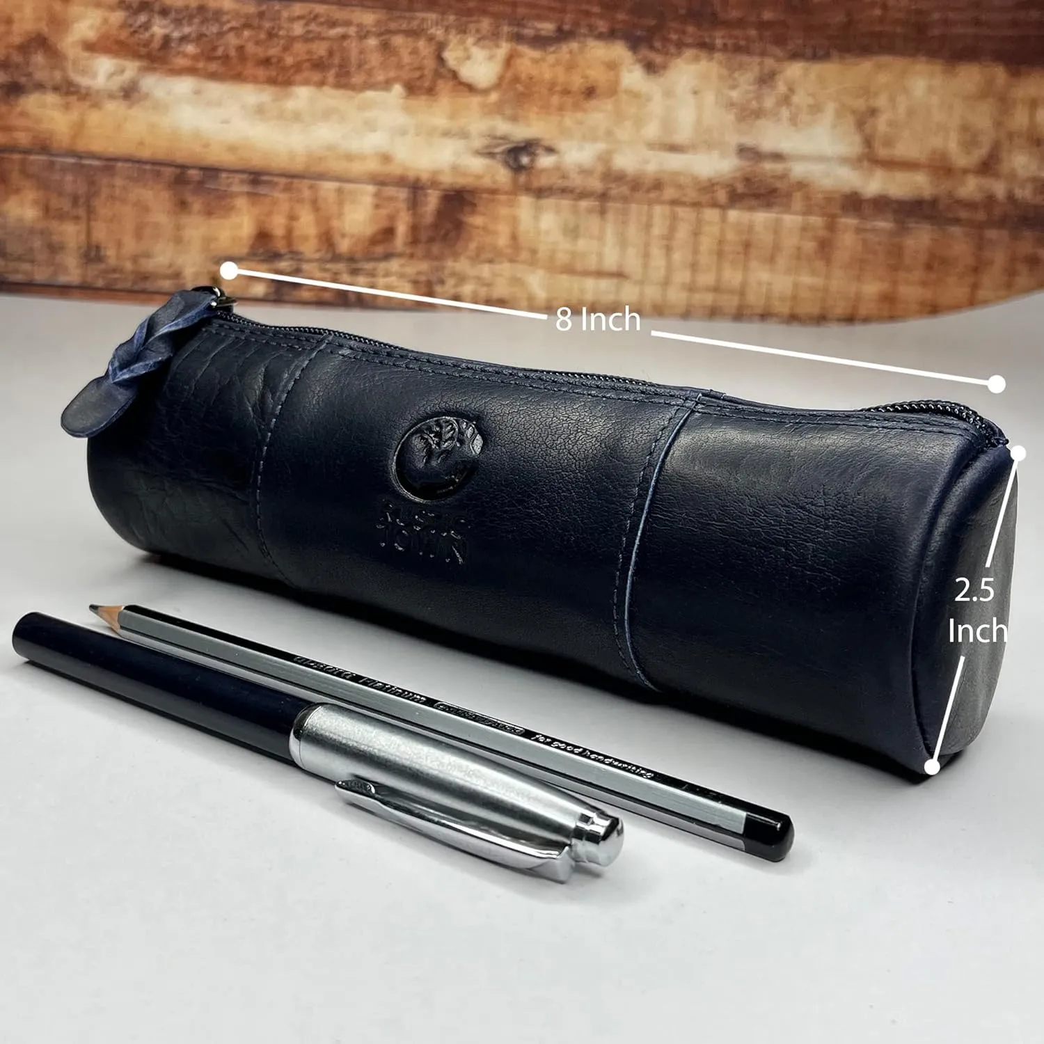 Rustic Town Leather Pencil Case - Full Grain Leather Zippered Pen Pouch - Stationery Bag Pen Holder for Work & Office