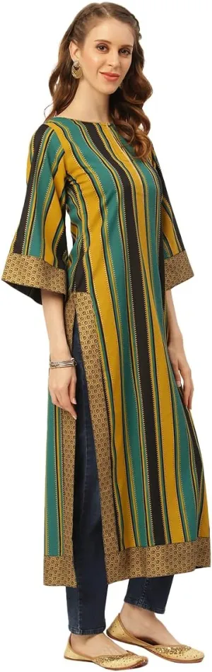 Rustorange Women's Viscose Striped Long Kurta