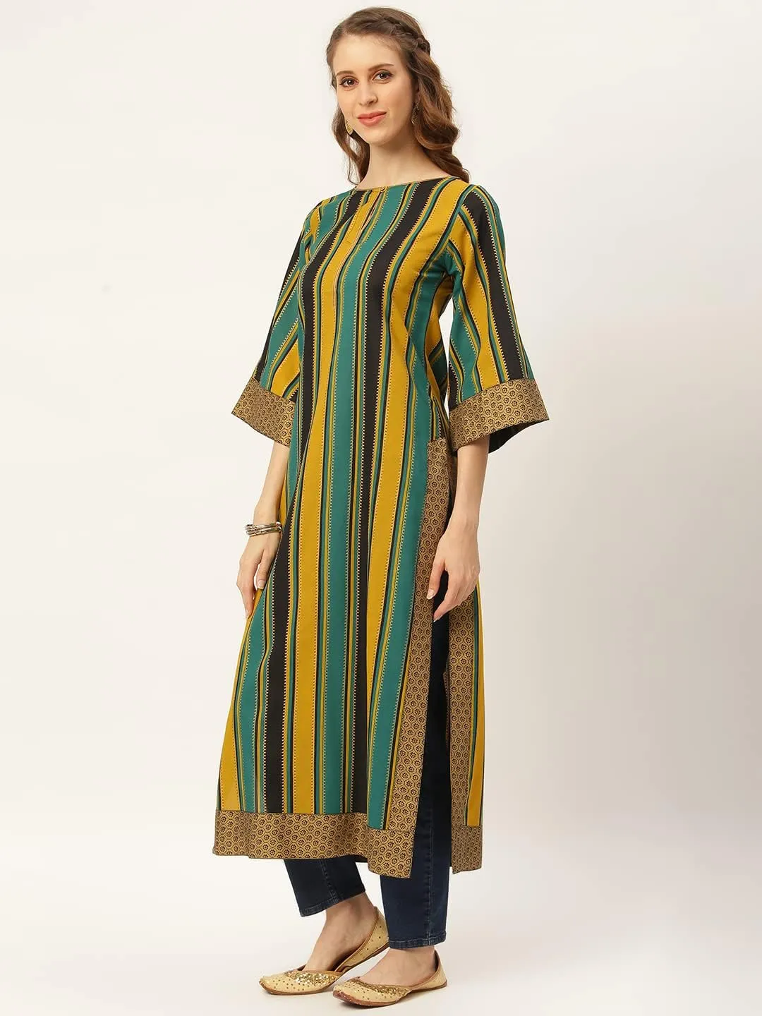 Rustorange Women's Viscose Striped Long Kurta