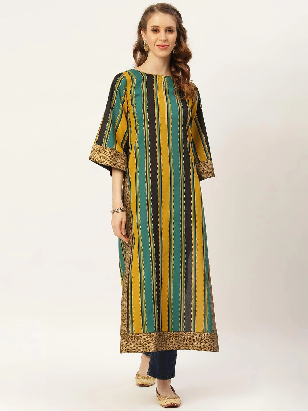 Rustorange Women's Viscose Striped Long Kurta