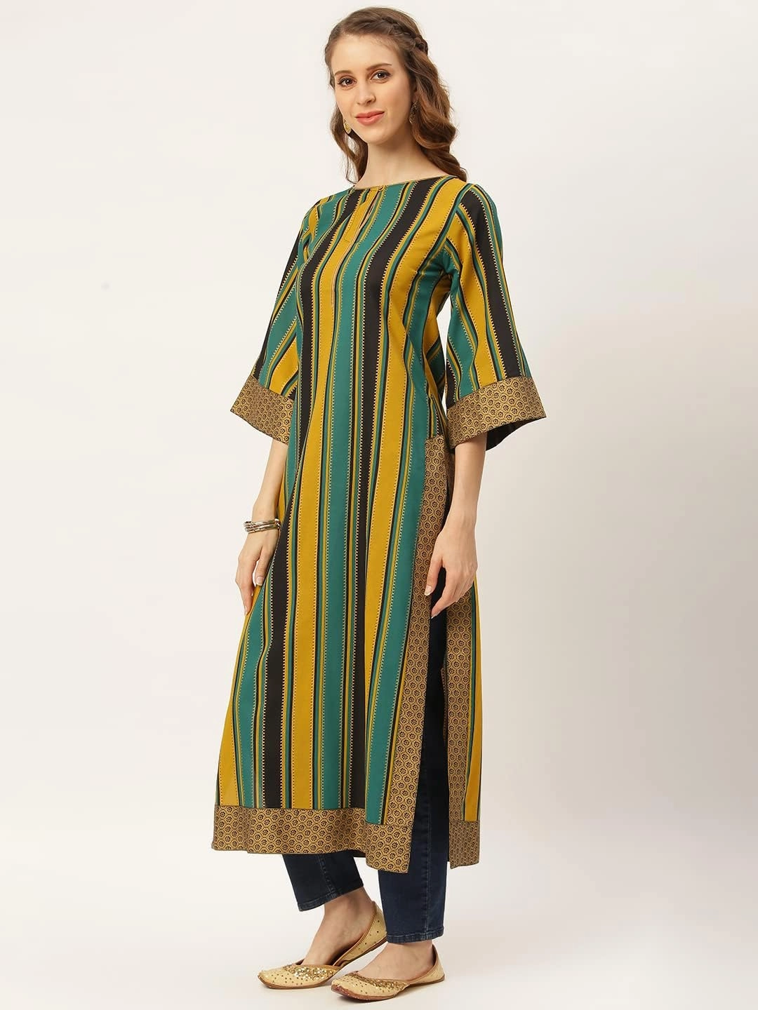 Rustorange Women's Viscose Striped Long Kurta