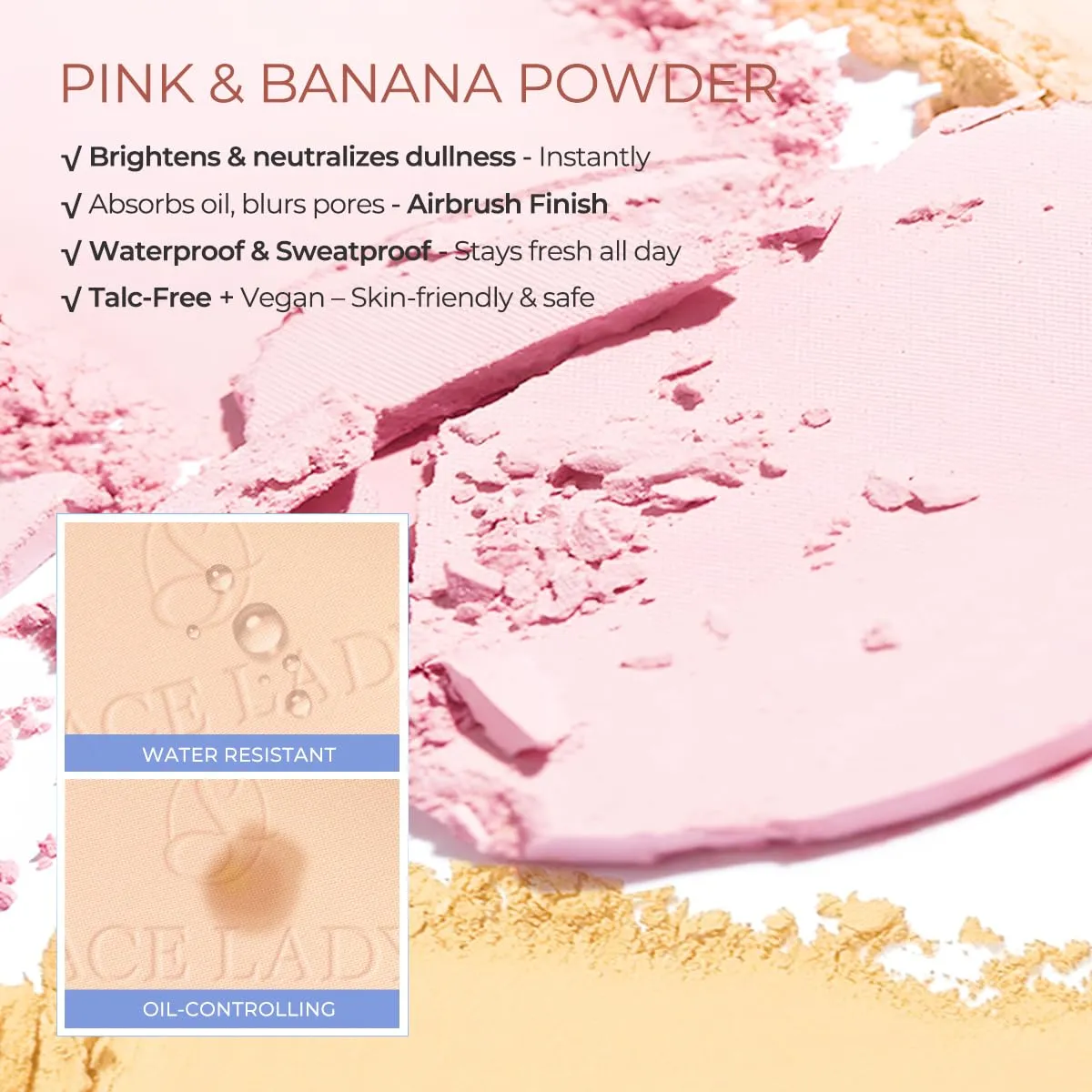 SACE LADY Face Powder Waterproof Setting Makeup, Talc-Free Oil Control Pressed Powder Compact for Women, Blurring Pores Matte Long Lasting Up to 24 Hours, Cruelty-Free (#06 Banana, 0.35Oz)