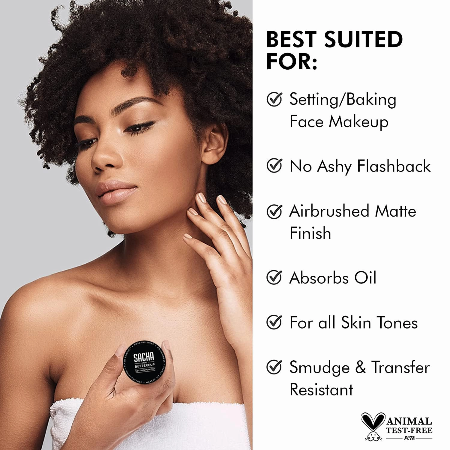 Sacha BUTTERCUP No Color Mini Setting Powder. No Ashy Flashback. Blurs Fine Lines and Pores. Loose, Translucent Face Powder to Set Makeup Foundation or Concealer. For All Skin Tones, 0.35 oz.