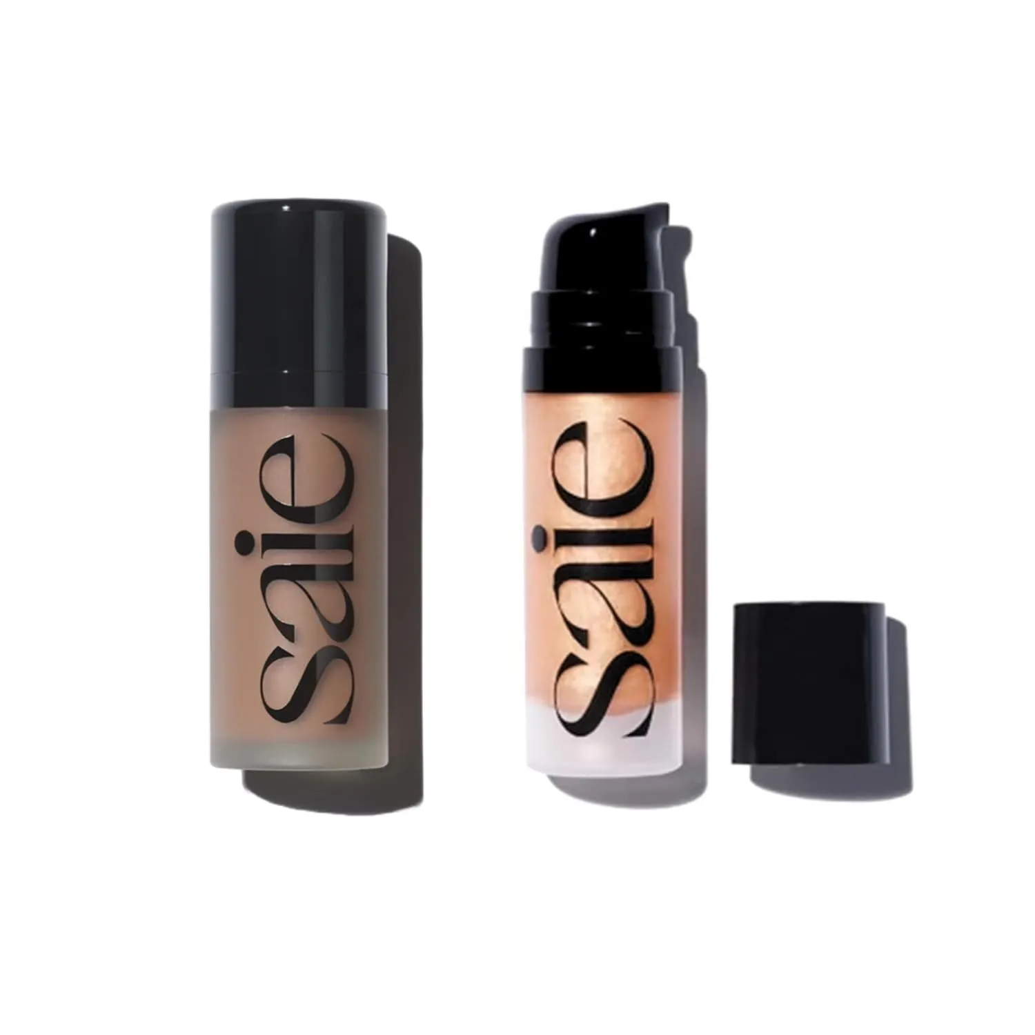 Saie Radiant Glow Duo - Dew Bronze Soft-Focus Liquid Bronzer in Salt (0.4 oz) & Mini Glowy Super Gel Lightweight Illuminator in Sunglow (0.5 oz), Hydrating Makeup Essentials for a Sun-Kissed Glow