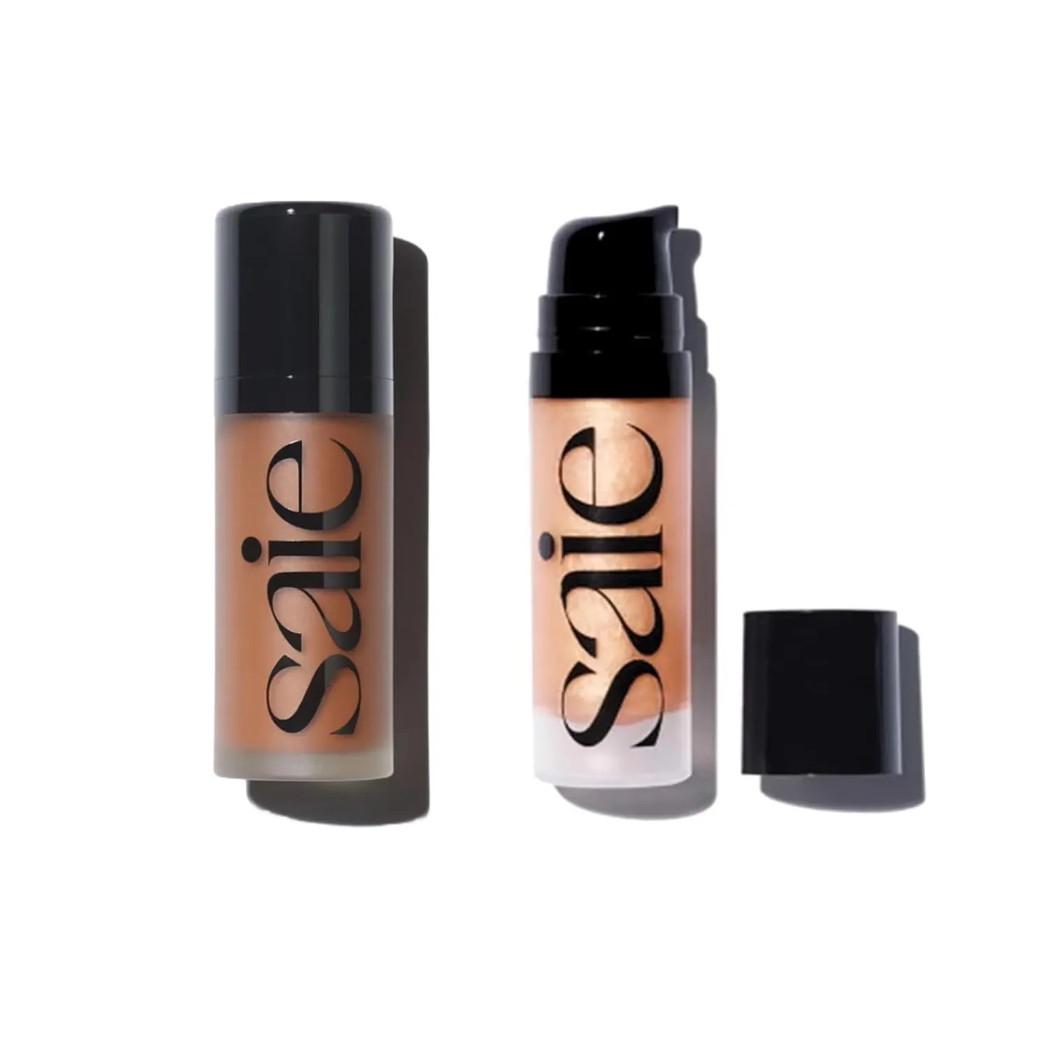 Saie Radiant Glow Duo - Dew Bronze Soft-Focus Liquid Bronzer in Swim (0.4 oz) & Mini Glowy Super Gel Lightweight Illuminator in Sunglow (0.5 oz), Hydrating Makeup Essentials for a Sun-Kissed Glow