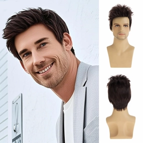 Sallcks Mens Short Brown Wig Natural Layered Costume Halloween Wig Synthetic Heat Resistant Hair Replacement Wigs for Male Guys