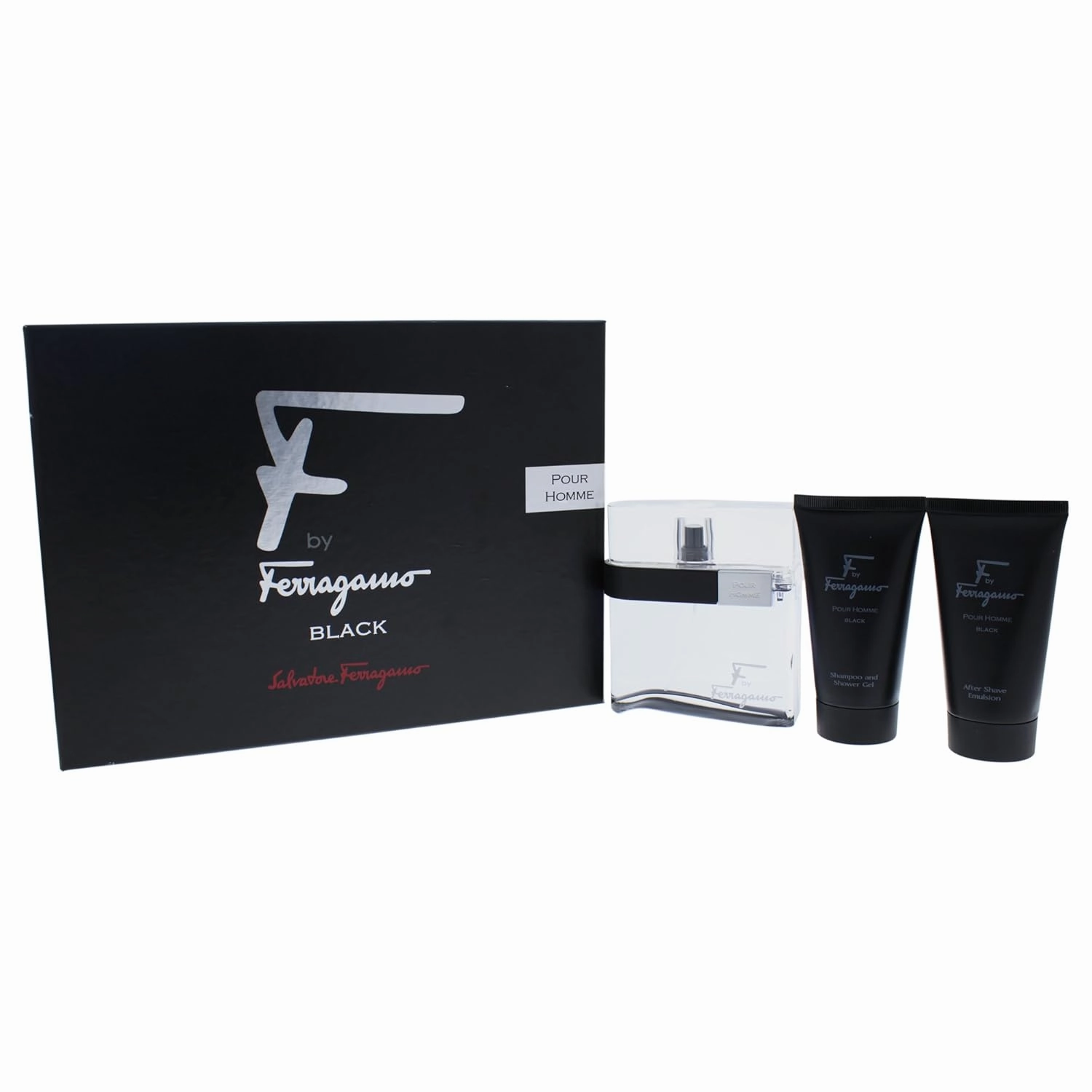 Salvatore Ferragamo F Black Pour Homme 3 Piece Gift Set for Men (3.4 Ounce Eau De Toilette Spray   2.5 Ounce Shower Gel   2.5 Ounce After Shave Balm)