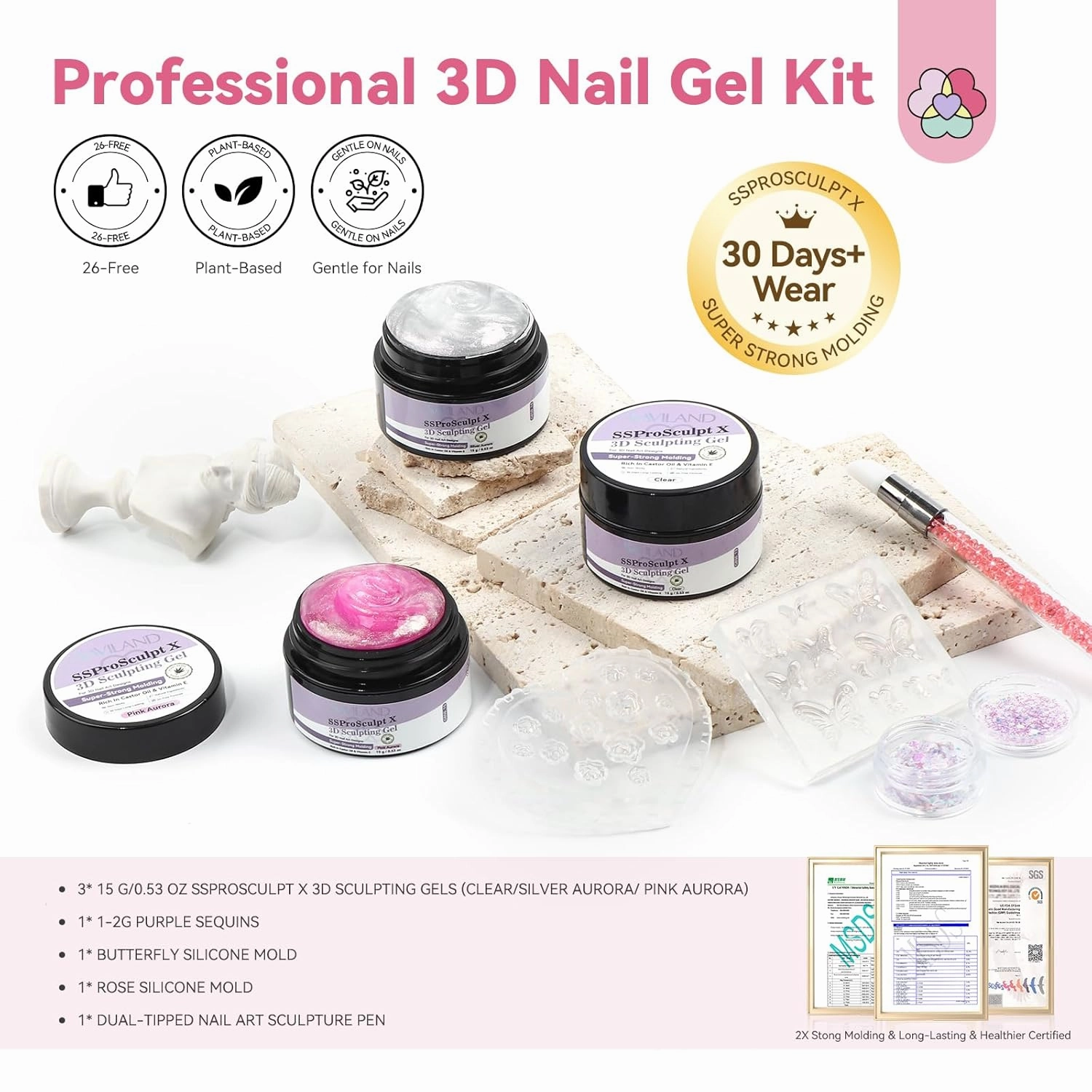 SAVILAND Solid Builder Nail Gel: 3 Colors Non-Sticky 3D Nail Gel Sculpting Gel for Nail Art Strong Molding Carving Hard Gel Builder Nail Extension Glue Gel with 3D Silicone Mold Nail Art Tool Home DIY