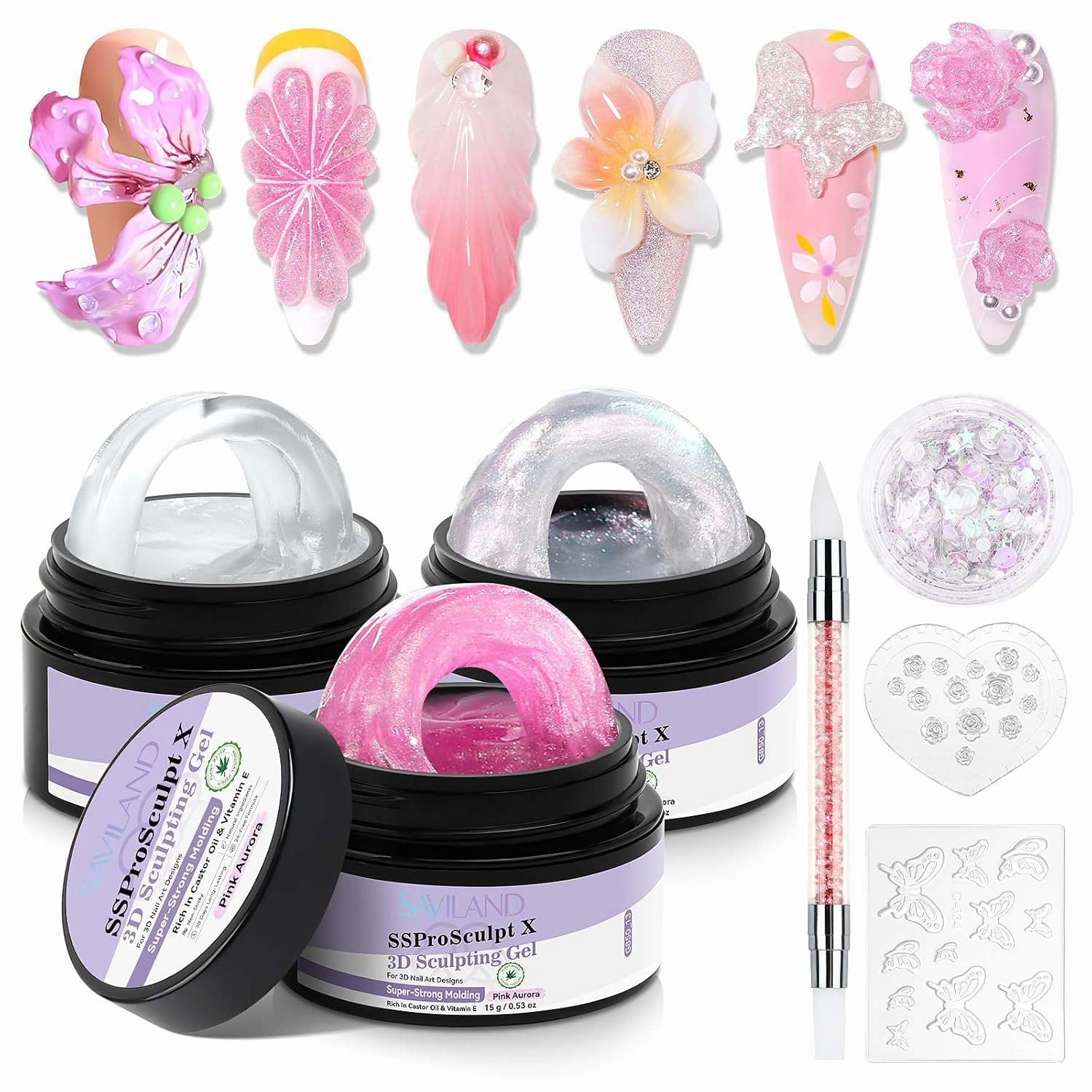 SAVILAND Solid Builder Nail Gel: 3 Colors Non-Sticky 3D Nail Gel Sculpting Gel for Nail Art Strong Molding Carving Hard Gel Builder Nail Extension Glue Gel with 3D Silicone Mold Nail Art Tool Home DIY