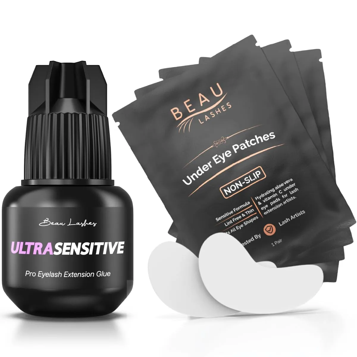 Sensitive Eyelash Extension Glue   100 Pairs Under Eye Pads | Black Lash Adhesive for Long Lasting Semi Permanent Individual Lash Extensions | Lint Free Hydrogel Eye Patches | Vitamin C & Aloe Vera