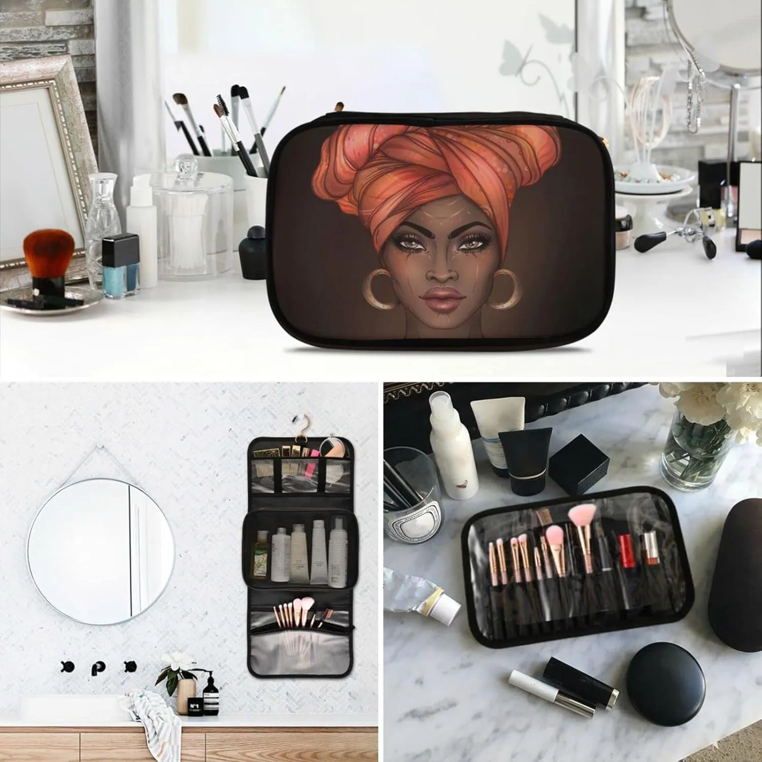 senya African American Woman Black Toiletry Bag Hanging Travel Makeup Bag 3 PCS, Portable Makeup Organizer Cosmetic Bag Clear