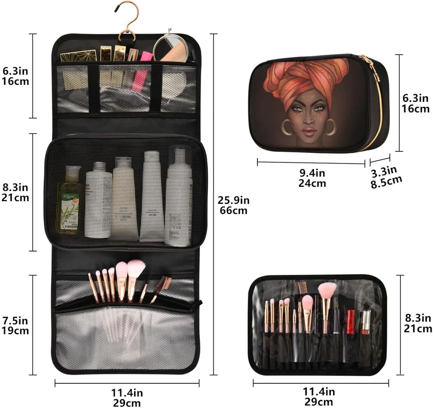 senya African American Woman Black Toiletry Bag Hanging Travel Makeup Bag 3 PCS, Portable Makeup Organizer Cosmetic Bag Clear