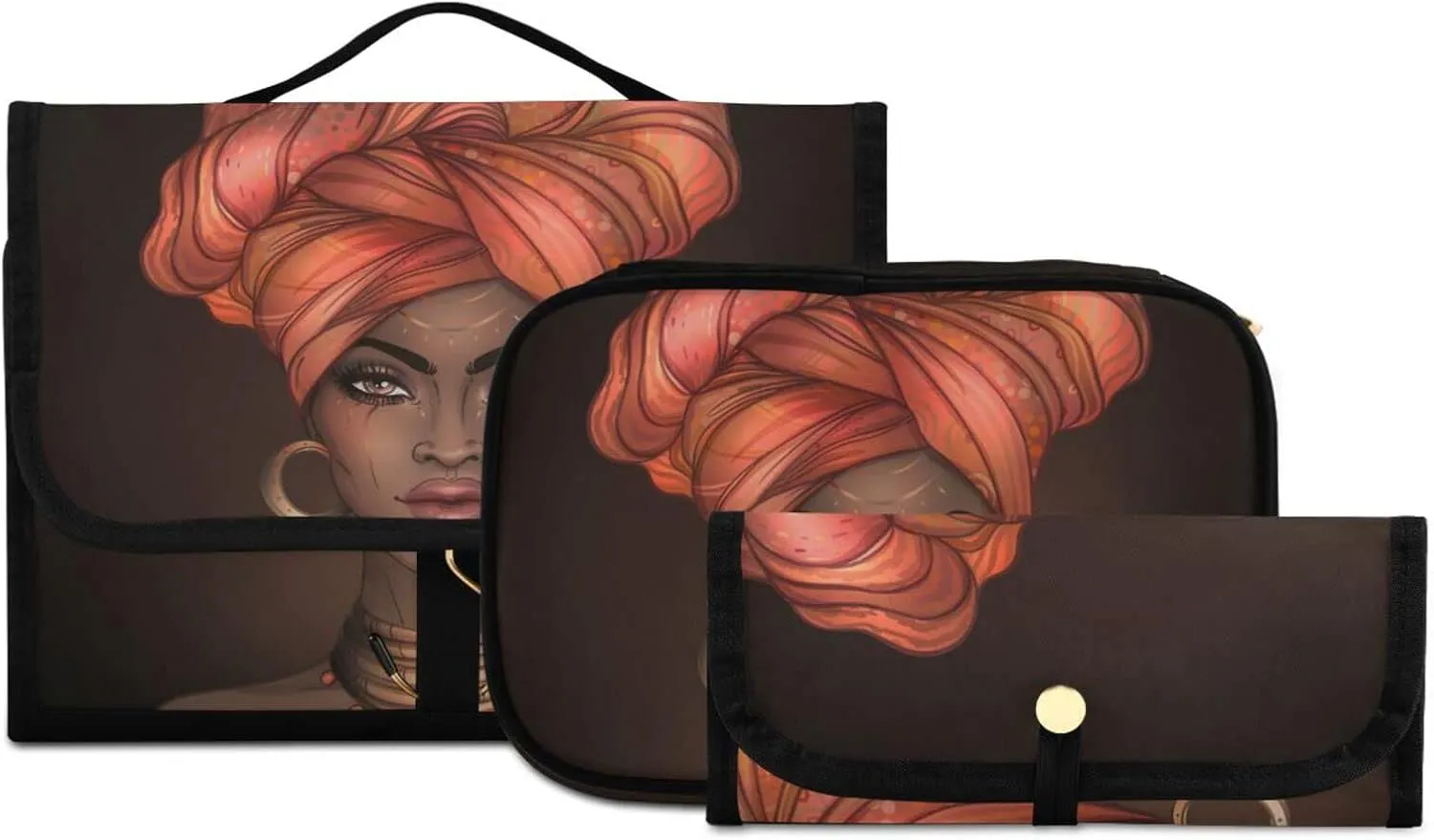 senya African American Woman Black Toiletry Bag Hanging Travel Makeup Bag 3 PCS, Portable Makeup Organizer Cosmetic Bag Clear