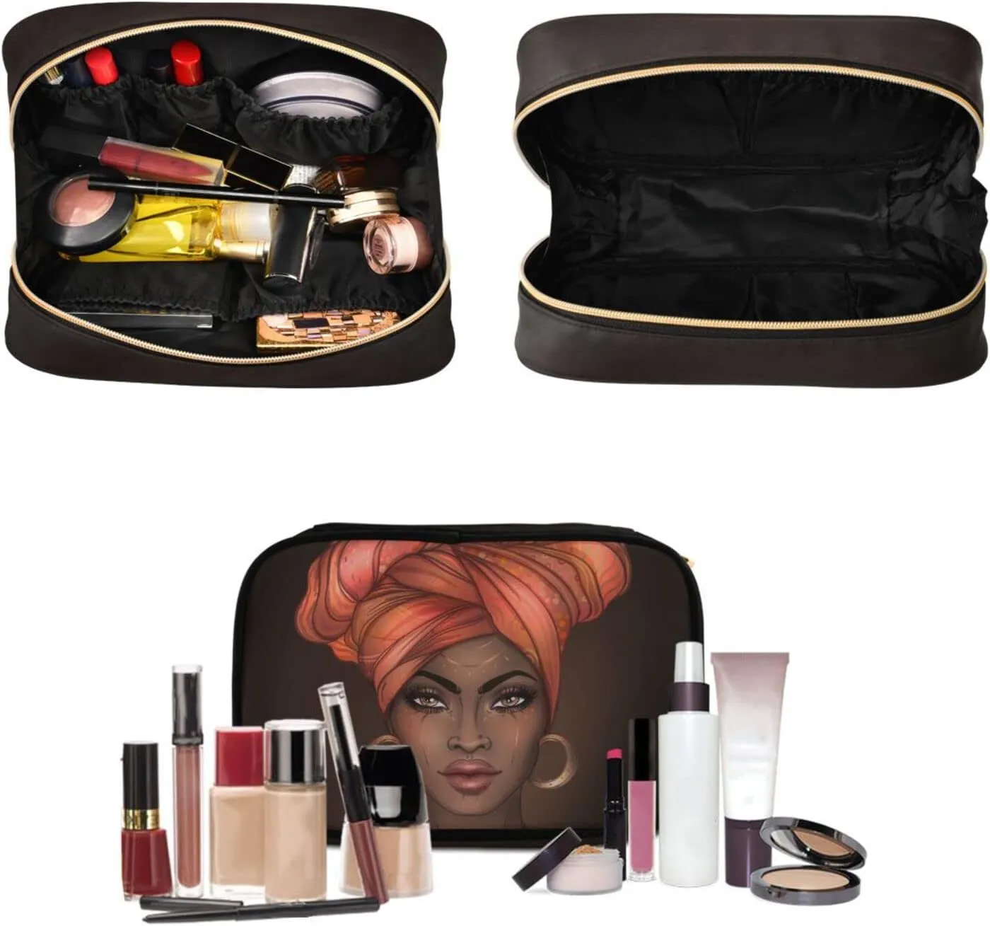 senya African American Woman Black Toiletry Bag Hanging Travel Makeup Bag 3 PCS, Portable Makeup Organizer Cosmetic Bag Clear