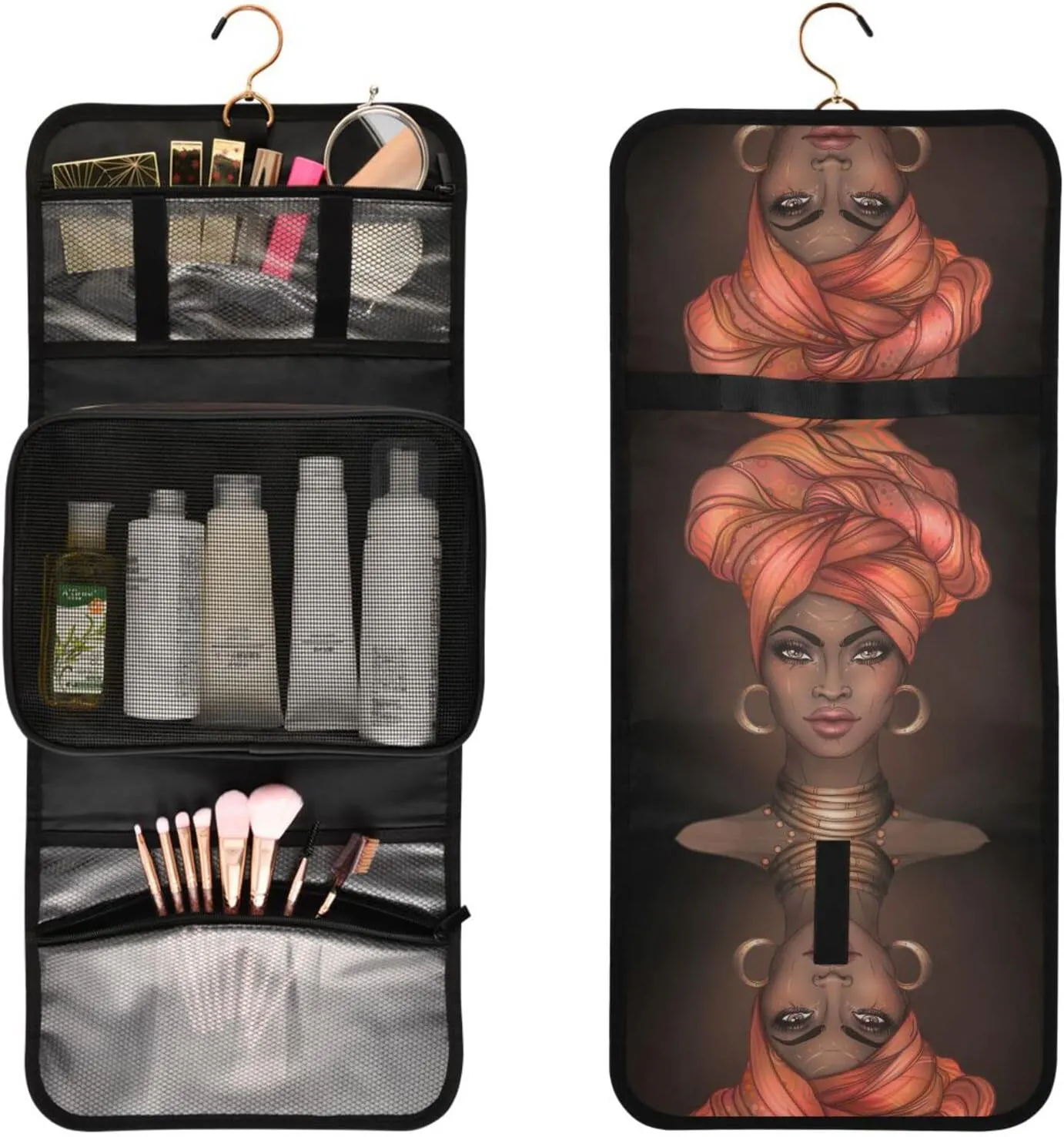 senya African American Woman Black Toiletry Bag Hanging Travel Makeup Bag 3 PCS, Portable Makeup Organizer Cosmetic Bag Clear