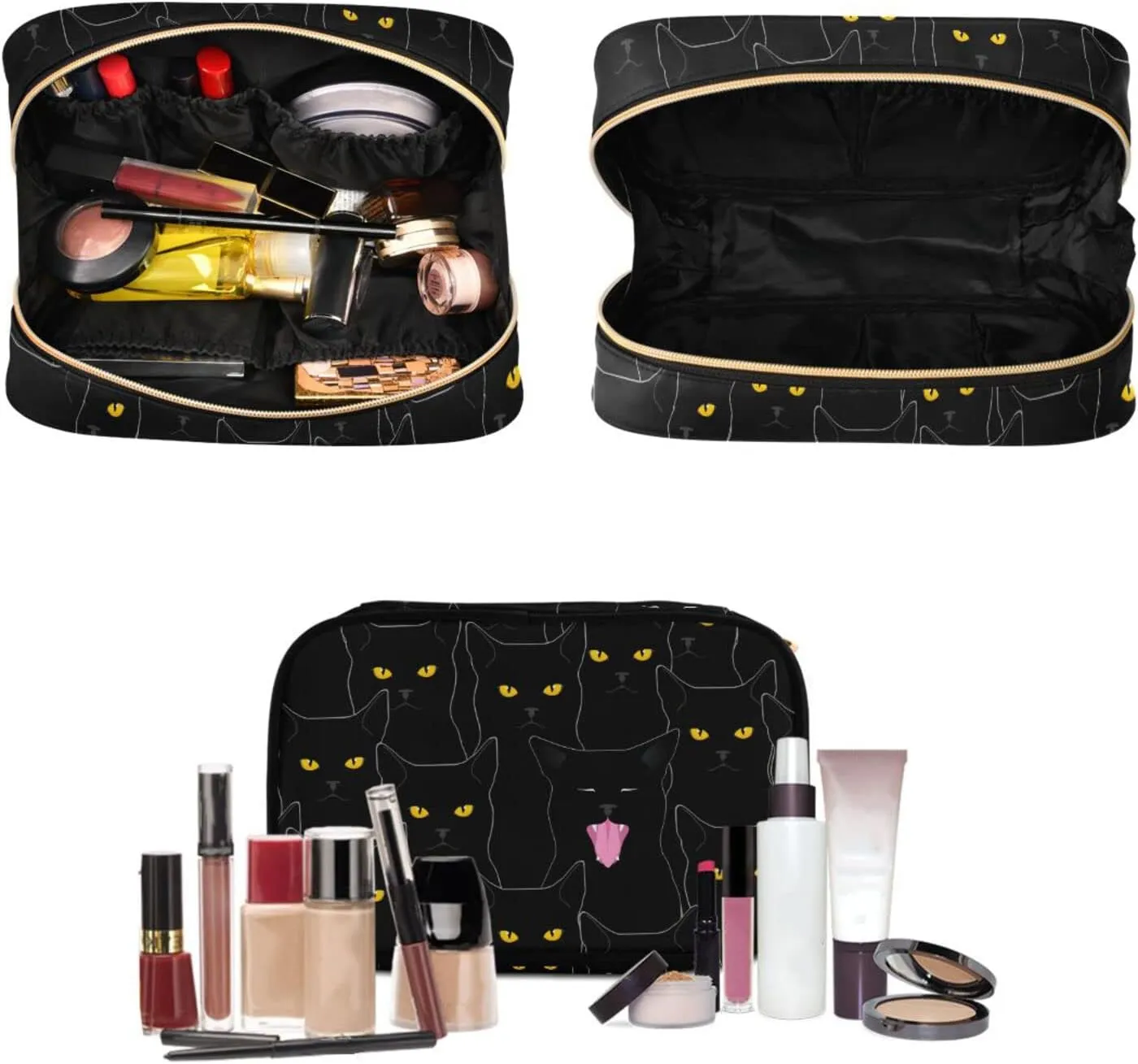 senya Black Cats Pattern Toiletry Bag Hanging Travel Makeup Bag 3 PCS, Portable Makeup Organizer Cosmetic Bag Clear