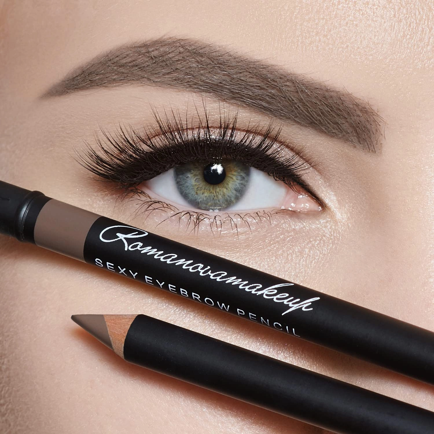 Sexy Eyebrow Pencil TAUPE. Natural Smudge Free, Long lasting, Ultra Fine, Brow Defining, Dual End Pencil by Romanovamakeup with Built-in Brush. Grayish-Brown Shade Pen for Blonde and Brunette Hair.