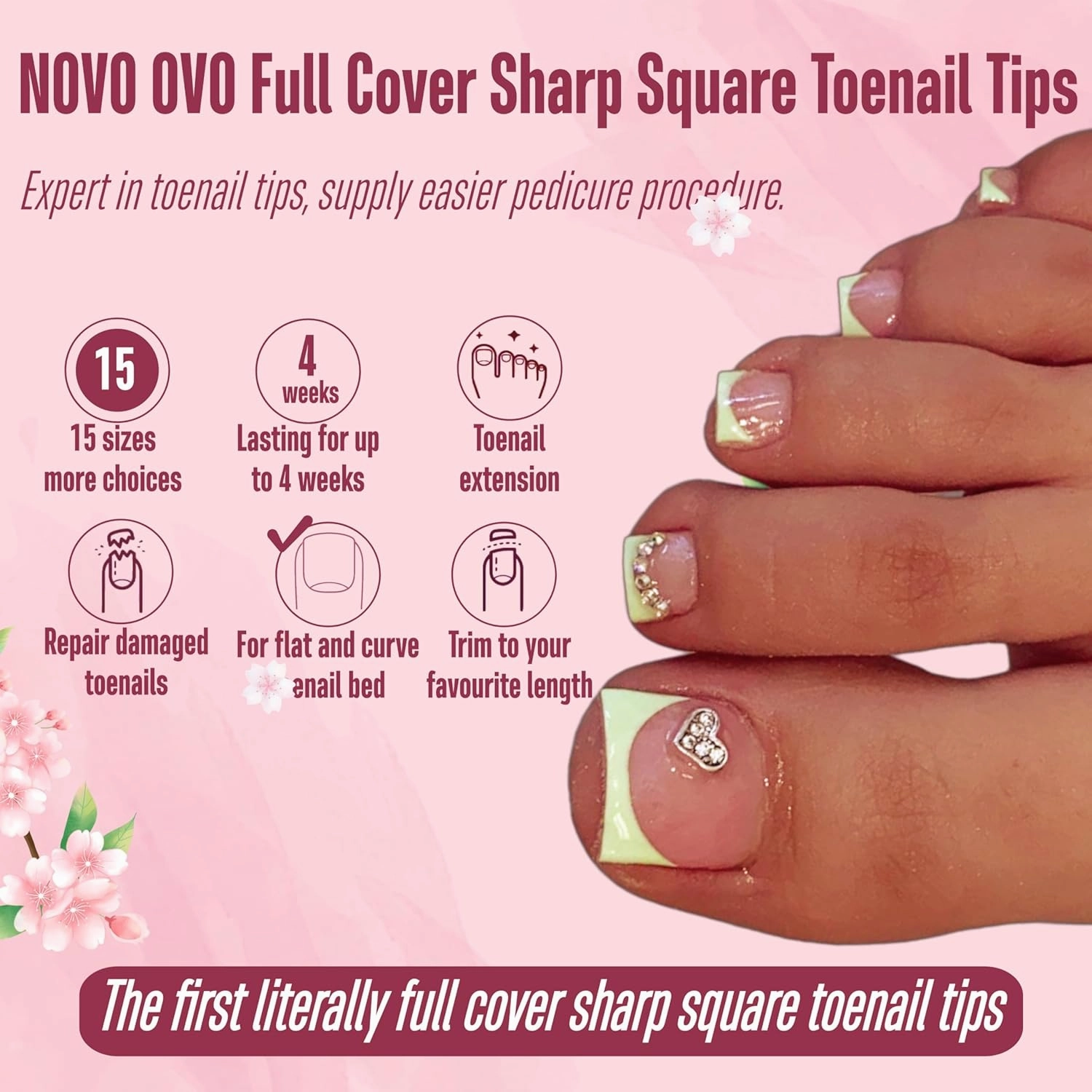 Sharp Square Toe Nail Tips Press on Full cover, Soft Gel False Toenail Extension Kit, Clear Double Matte Long/Medium Wide Fake Toenails for Salon DIY Acrylic Pedicure x 15 Sizes 360 Pcs