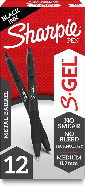 Sharpie S-Gel Gel Pens Sleek Metal Barrel Matte Black Medium Point (0.7mm) Black Ink 12 Count