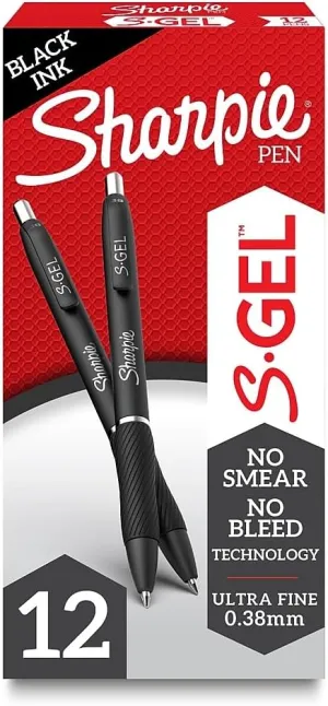 Sharpie S-Gel Gel Pens Ultra Fine Point (0.38mm) Black 12 Count