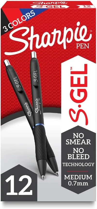 Sharpie® S Gel Pens, Medium Point, 0.7 mm, Black Barrels, Assorted Ink, Pack Of 12 Pens