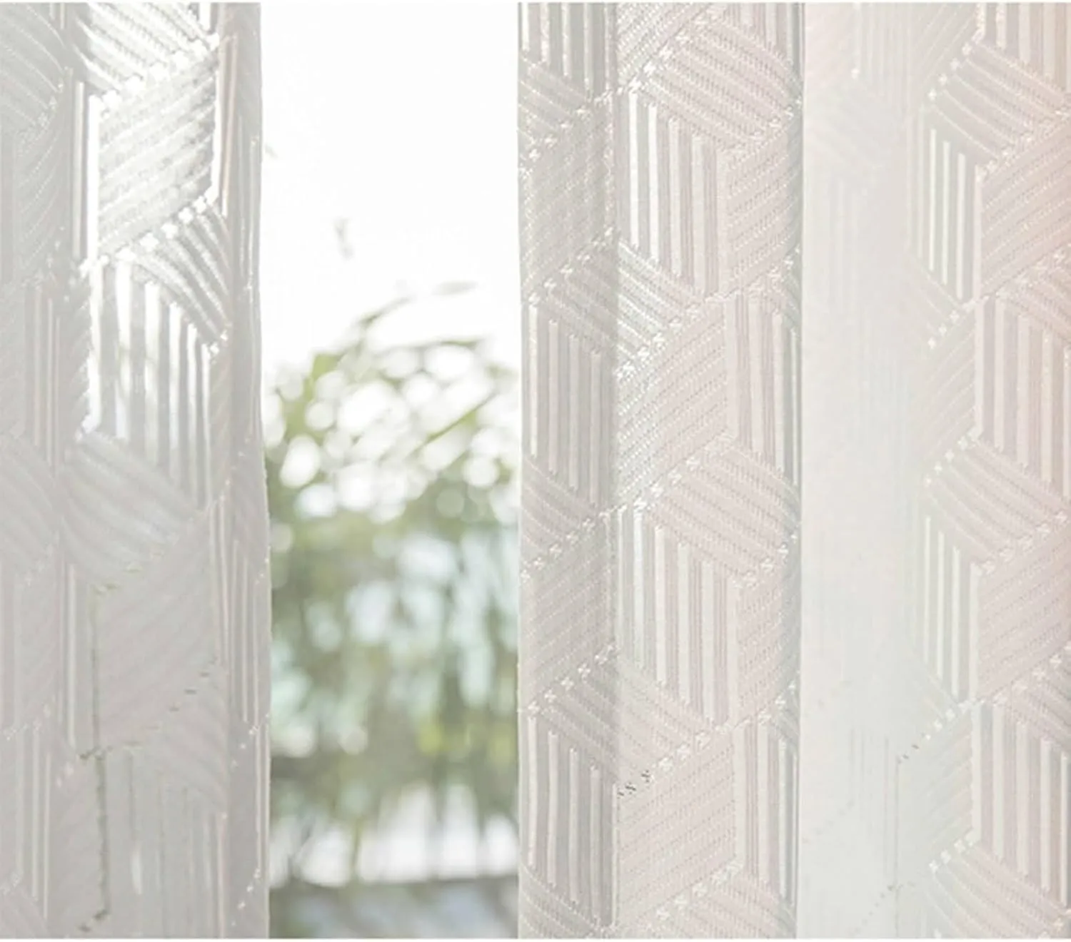 Sheer Bedroom Curtains White, Polyester Translucent Sheer Curtain with Geometric Textured, White-Grommet, 42W x 63H inch