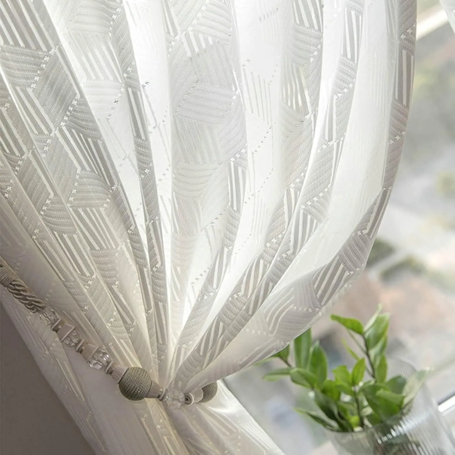 Sheer Bedroom Curtains White, Polyester Translucent Sheer Curtain with Geometric Textured, White-Grommet, 42W x 63H inch