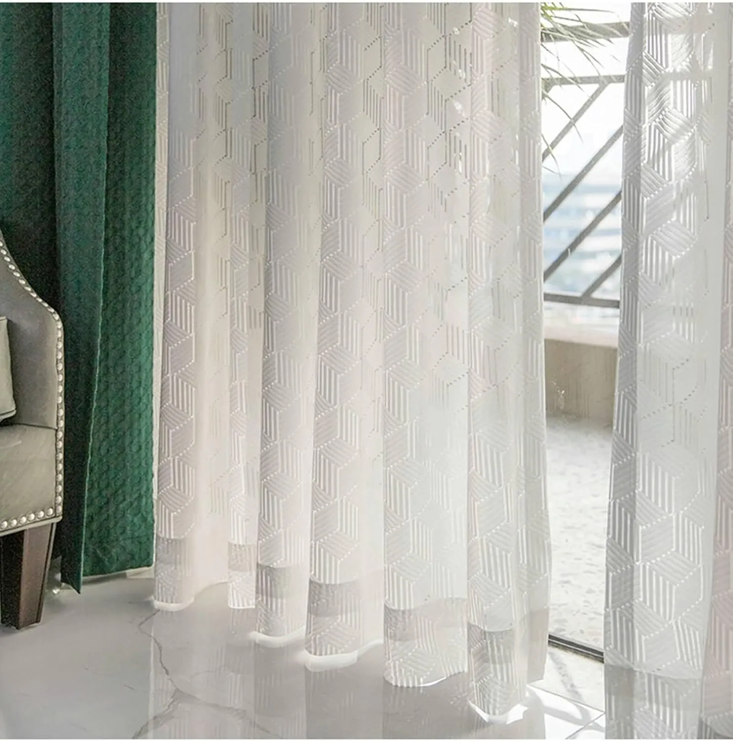 Sheer Bedroom Curtains White, Polyester Translucent Sheer Curtain with Geometric Textured, White-Grommet, 42W x 63H inch