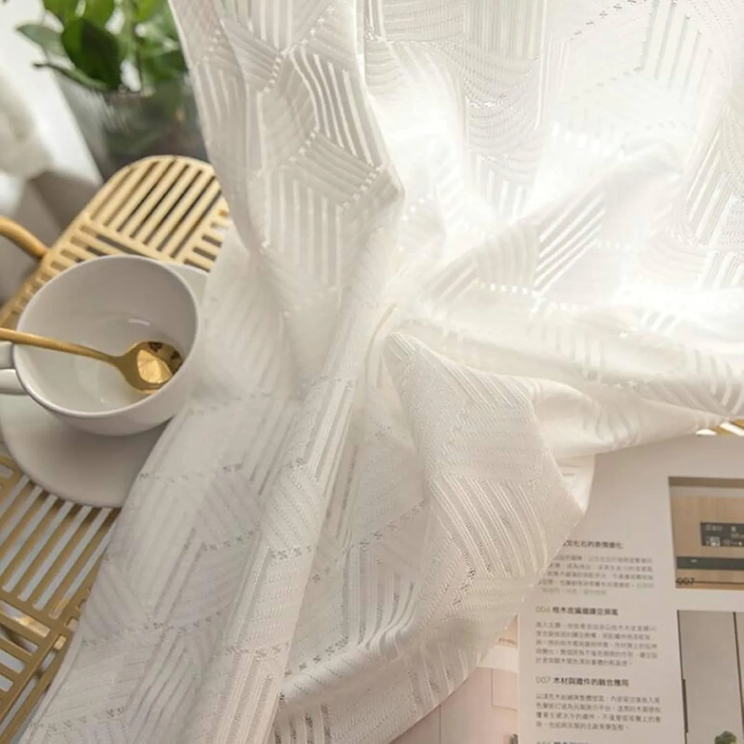 Sheer Bedroom Curtains White, Polyester Translucent Sheer Curtain with Geometric Textured, White-Grommet, 42W x 63H inch