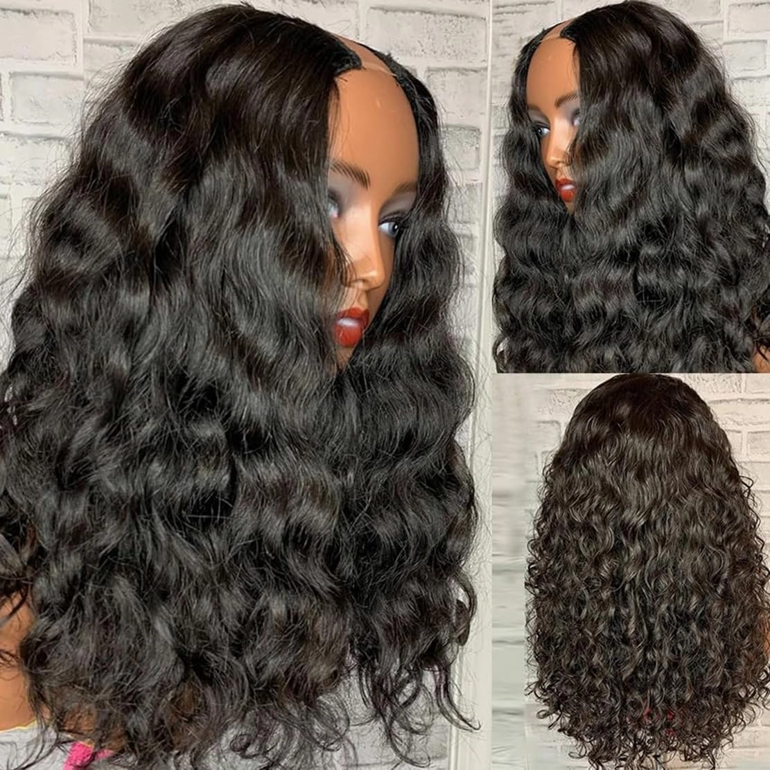 Short Bob Curly V Part Wig Glueless Synthetic Hair Soft As Human Hair Water Wave U Part Wig Wear And Go Glueless Half Wigs for Black Women 180% Density (NATURAL COLOR 2.0, 14 Inch)
