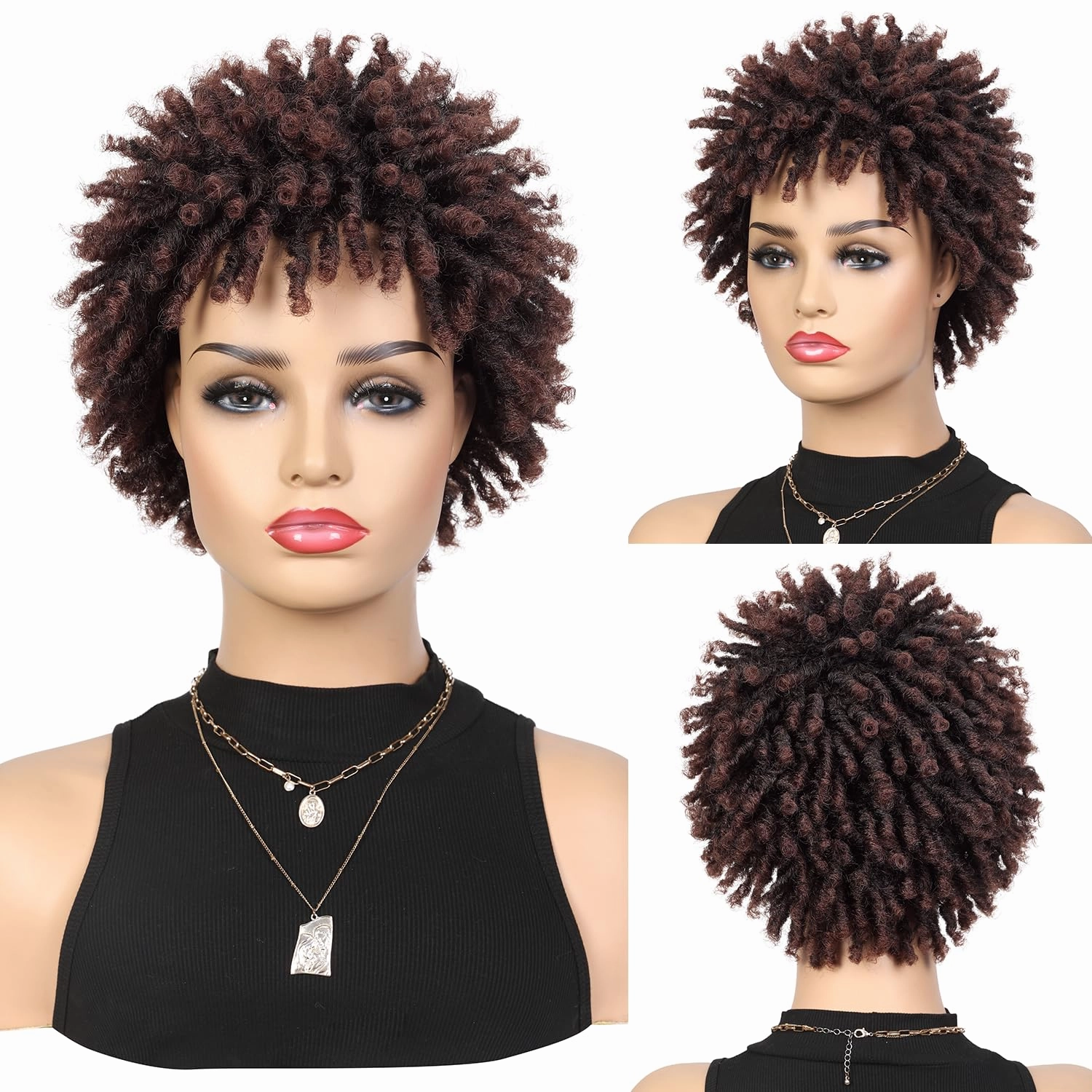 Short Dreadlock Wig Short Afro Curly Braided Wigs for Black Women Faux Locs Twist Braiding Ombre Brown Synthetic Hair Wigs 6 Inches