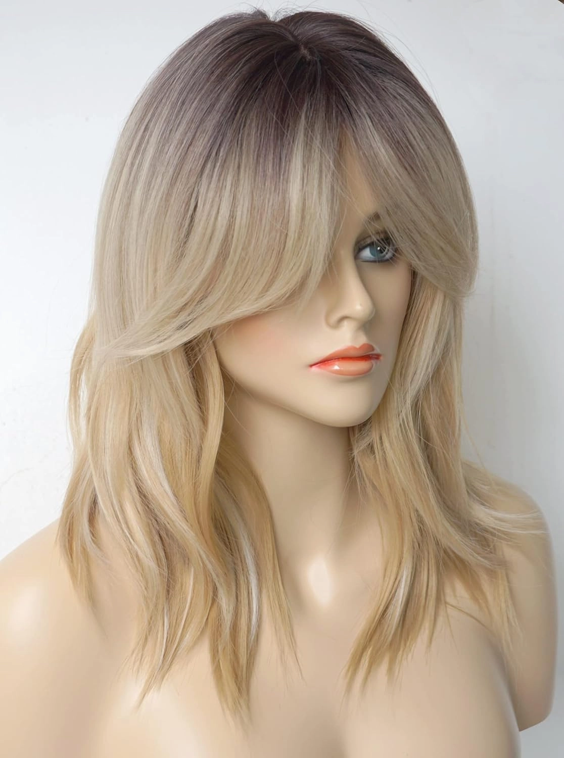 Short Wavy Blonde Wigs ombre for white women medium length wolf -tail wave wig with bangs Synthetic wig Highlight for white Women (Blonde Mixed 3165)