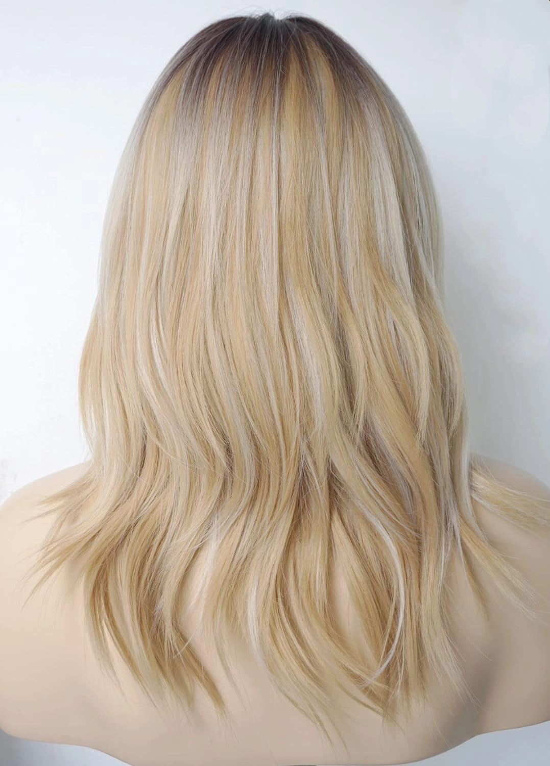Short Wavy Blonde Wigs ombre for white women medium length wolf -tail wave wig with bangs Synthetic wig Highlight for white Women (Blonde Mixed 3165)