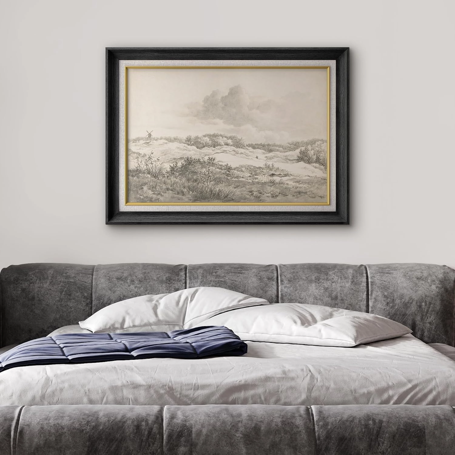SIGNWIN Premium Frame Art Serene Landscape with Windmill Vintage Pencil Drawing Illustrations Fine Art Traditional Iconic for Living Room, Bedroom, Office - 26"x36" Black
