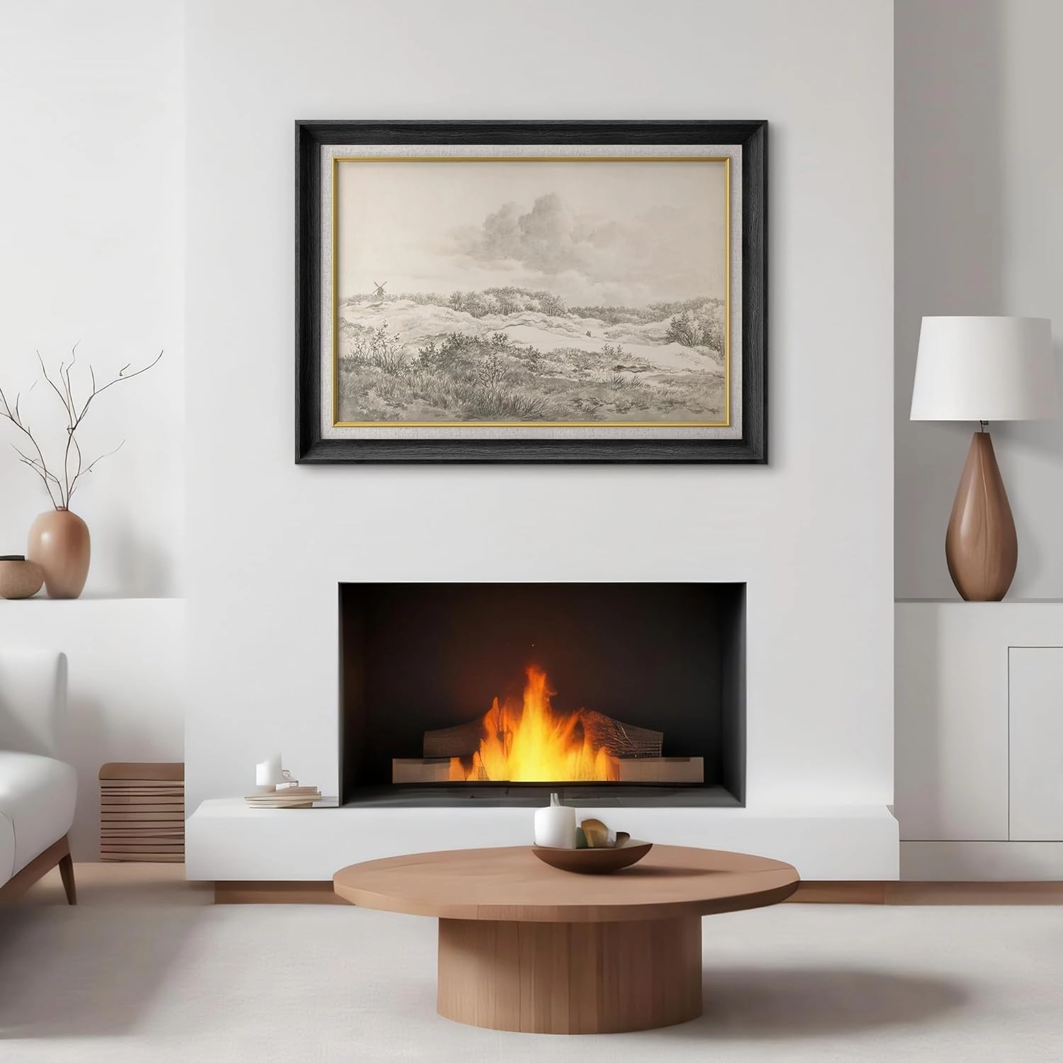 SIGNWIN Premium Frame Art Serene Landscape with Windmill Vintage Pencil Drawing Illustrations Fine Art Traditional Iconic for Living Room, Bedroom, Office - 26"x36" Black