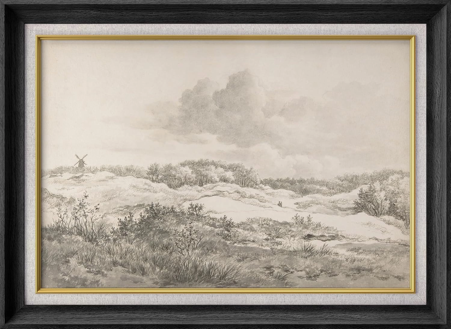 SIGNWIN Premium Frame Art Serene Landscape with Windmill Vintage Pencil Drawing Illustrations Fine Art Traditional Iconic for Living Room, Bedroom, Office - 26"x36" Black