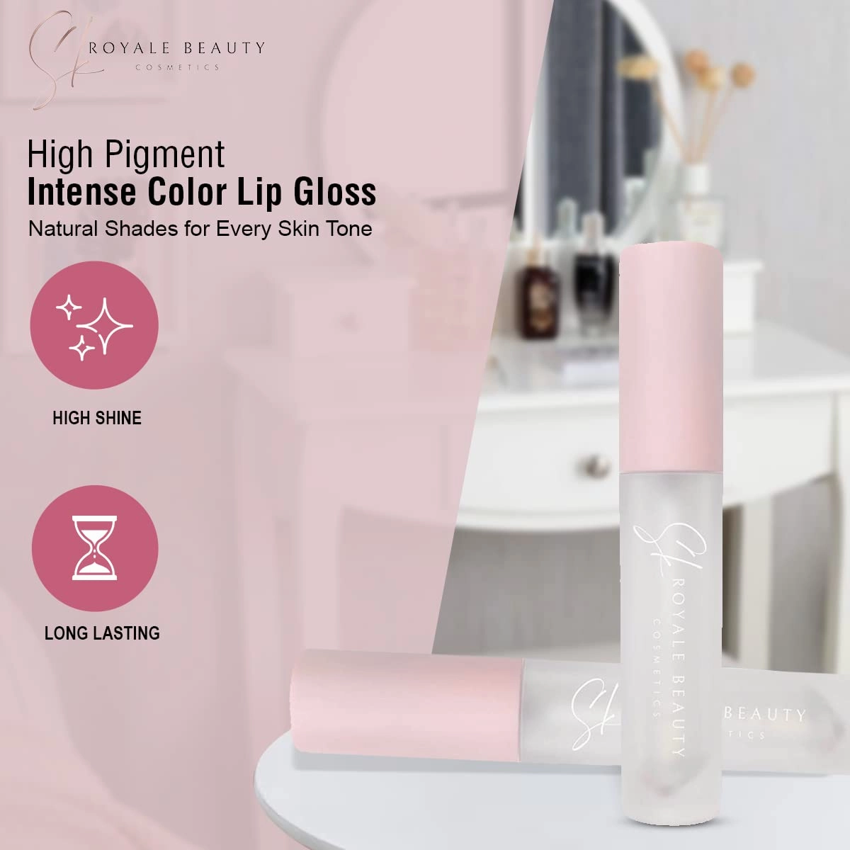 SK Royale Beauty High Pigment Intense Color Lip Gloss (7 Shades) - Shine Moisturizing for Women Lightweight, Long Lasting, Non-Sticky Formula Natural Shades Every Skin Tone, 1 Fl Oz (Pack of 1)