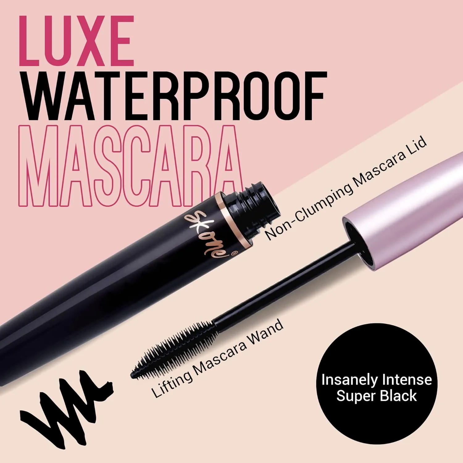 Skone Cosmetics Insanely Intense Luxe Waterproof Mascara – Black, Smudge-Proof & Long-Lasting – Volumizing & Lengthening for Dramatic Lash Lift & False Lash Effect – Bold Eye Mascara, 0.34 oz