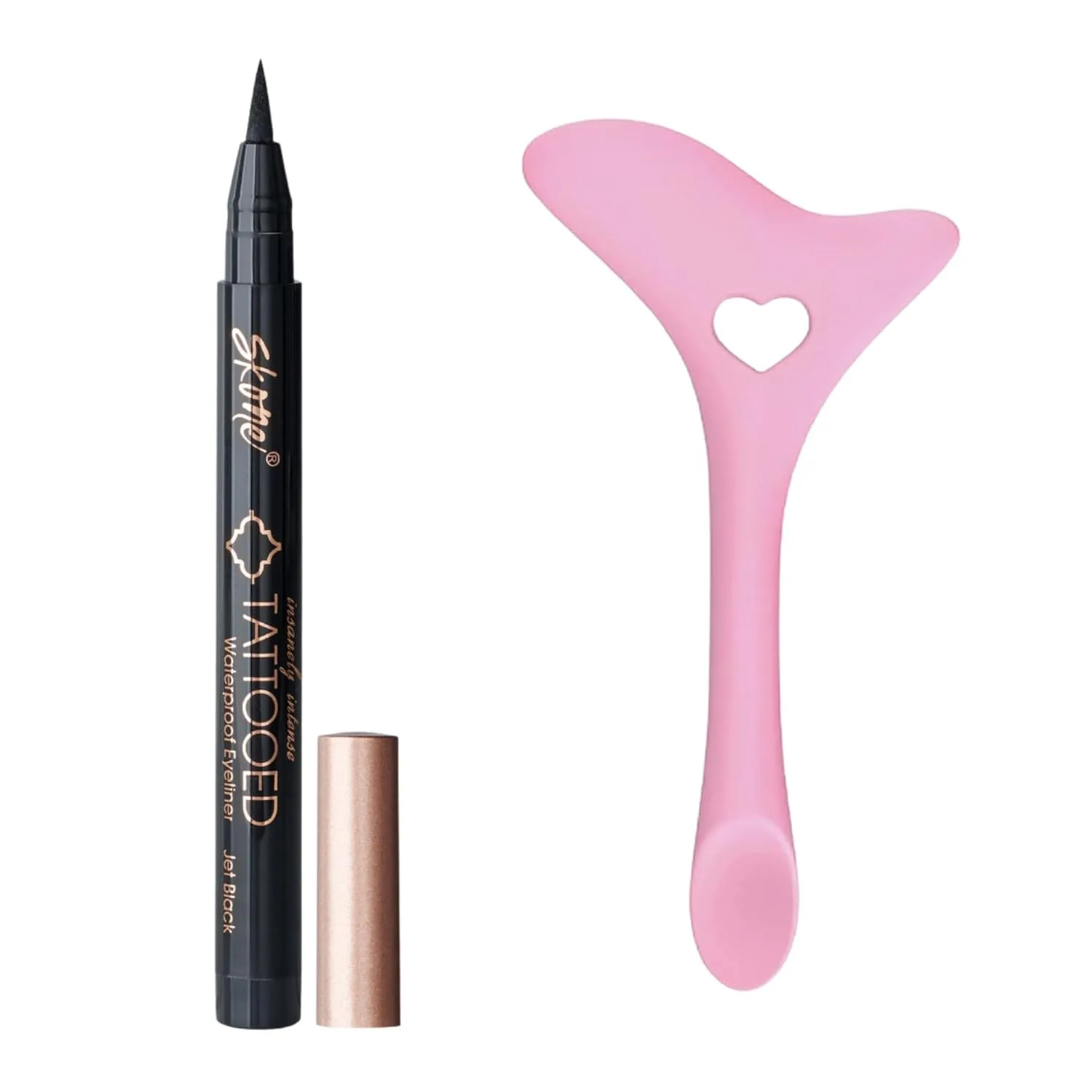 Skone Cosmetics Tattooed Eyeliner & Stencil Duo - Waterproof, Smudge Proof Felt Tip Liquid Eyeliner & Easy to Use Multifunctional Eyeliner Aid Stencil Tool Guide for Mascara Shield Applicator Guard, L