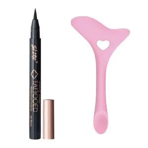 Skone Cosmetics Tattooed Eyeliner & Stencil Duo - Waterproof, Smudge Proof Felt Tip Liquid Eyeliner & Easy to Use Multifunctional Eyeliner Aid Stencil Tool Guide for Mascara Shield Applicator Guard, L