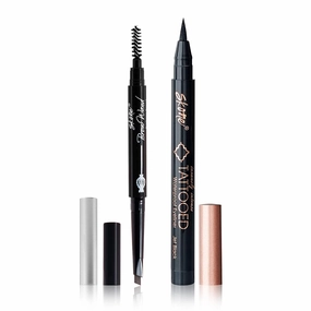 Skone Cosmetics Brow Wand Eyebrow Pencil & Tattooed Eyeliner Bundle Duo - Long-Lasting, Waterproof Brow Definer & Smudge-Proof Tattoo Eyeliner - Brown Brow Pencil & Black Waterproof Eyeliner