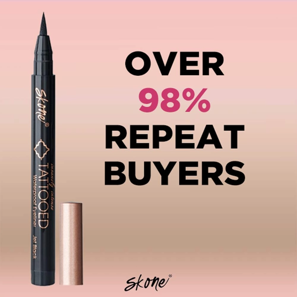 Skone Cosmetics Insanely Intense Tattooed Eyeliner Pen - 5-piece Set - Waterproof Liquid Eyeliner, Long-Lasting, Sweat Proof, Smudge Proof Liquid Eyeliner - Jet Black (with FREE Travel Size mini)