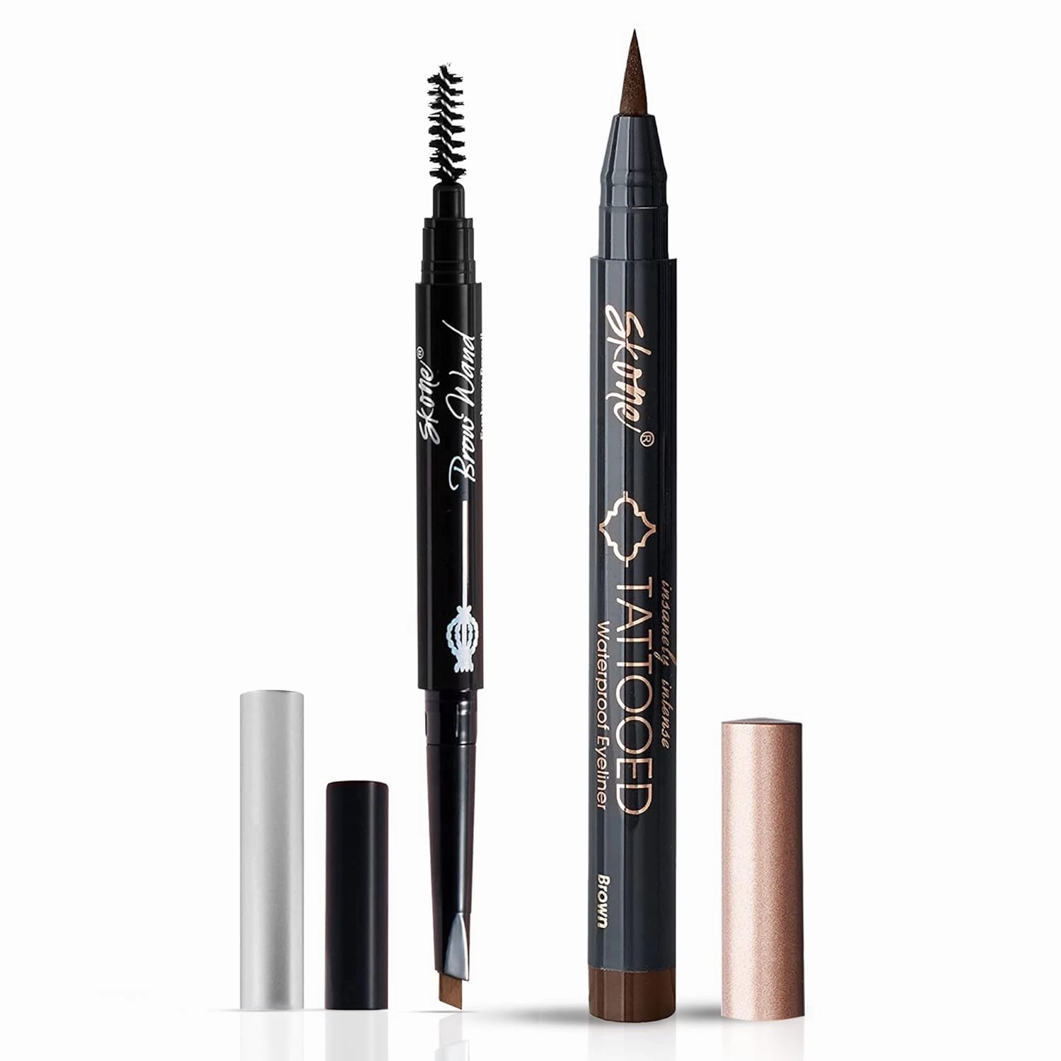Skone Cosmetics Tattooed Eyeliner & Brow Wand Eyebrow Pencil Bundle Duo - Smudge-Proof Tattoo Eyeliner & Long-Lasting, Waterproof Brow Definer - Black Eyeliner & Peanut Butter Brow Pencil for Blondes