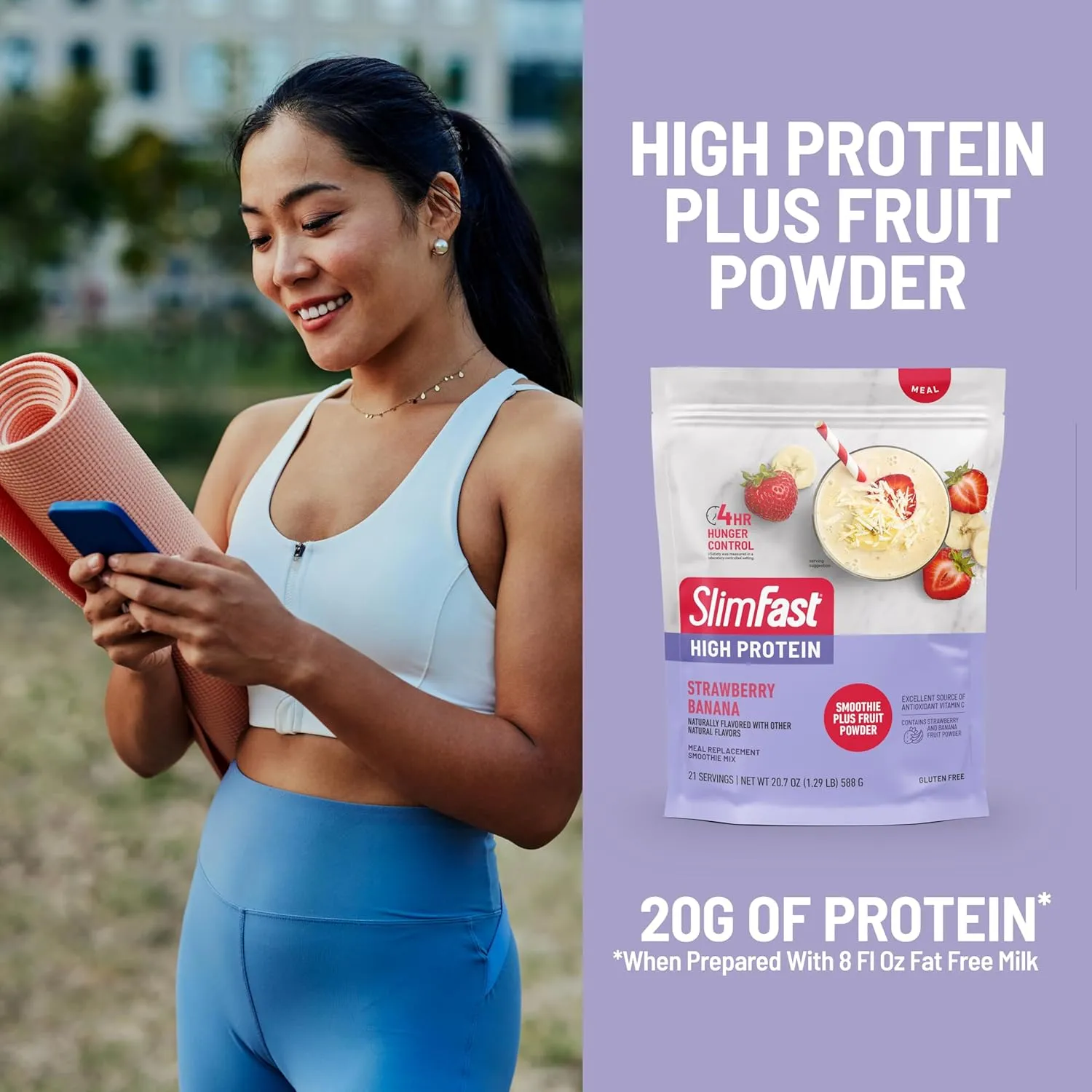 SlimFast High Protein Smoothie Mix Plus Fruit Powder, High Protein Meal Replacement Powder, Fiber, Vitamin C, 21 Servings, 1.29 Pounds, Strawberry Banana (Packaging May Vary)