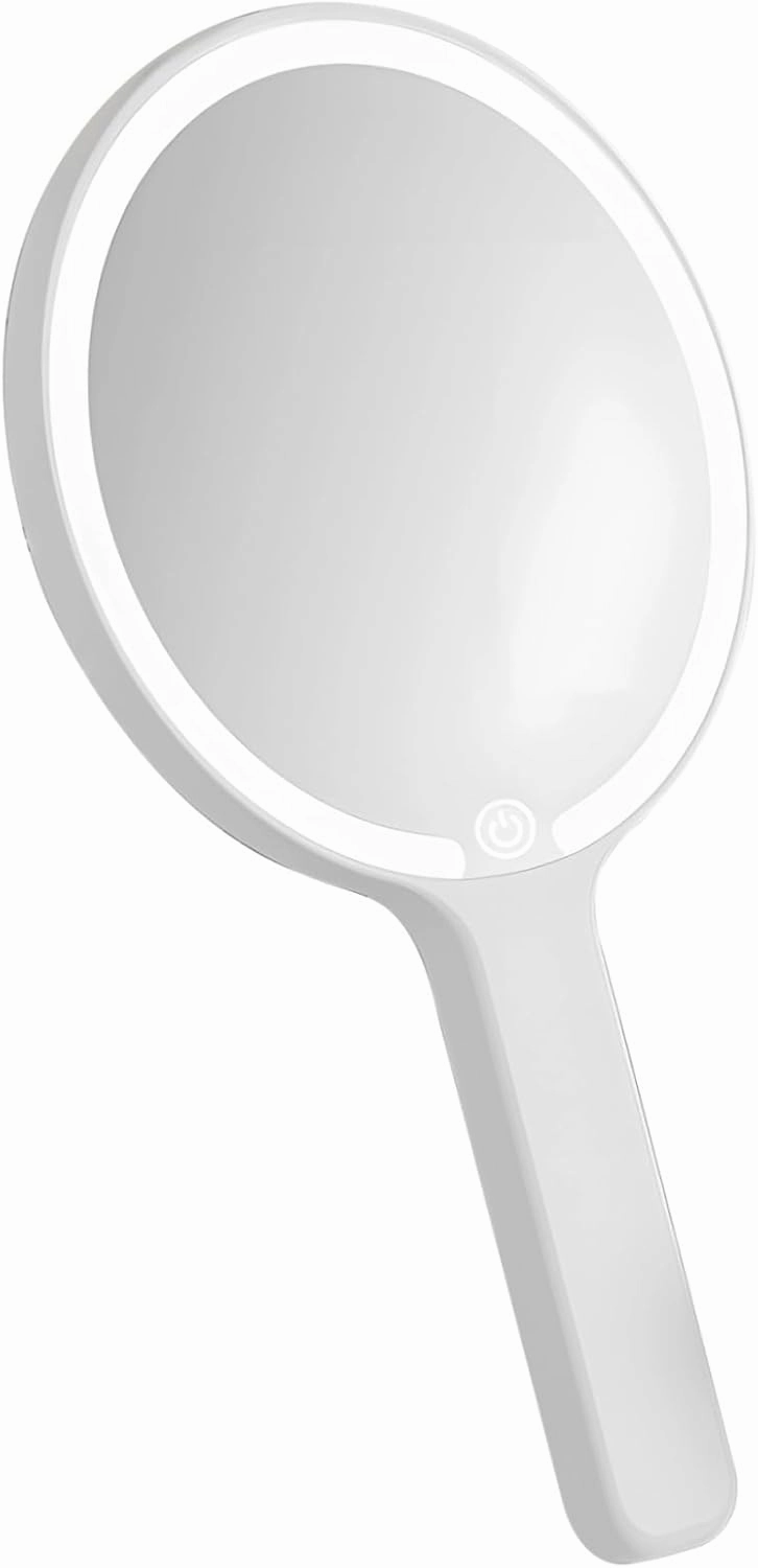 Smart Touch Led Handheld Makeup Mirror with 3 Light Modes, Rechargeable Type-C, Round Pearl White Design