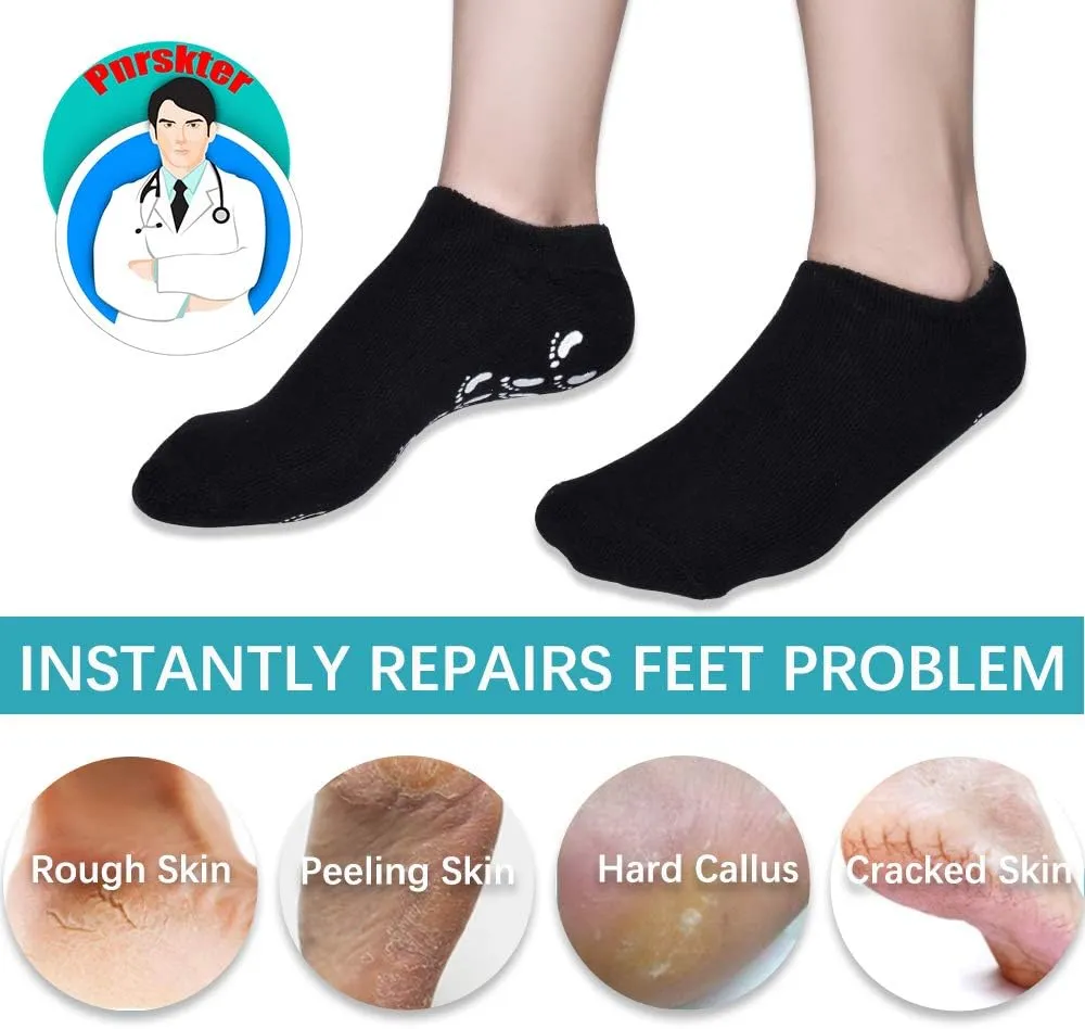 Soft Moisturizing Gel Spa Socks - Repair Dry Cracked Feet, Infused with Essential Oils & Vitamins (Black & Gray)