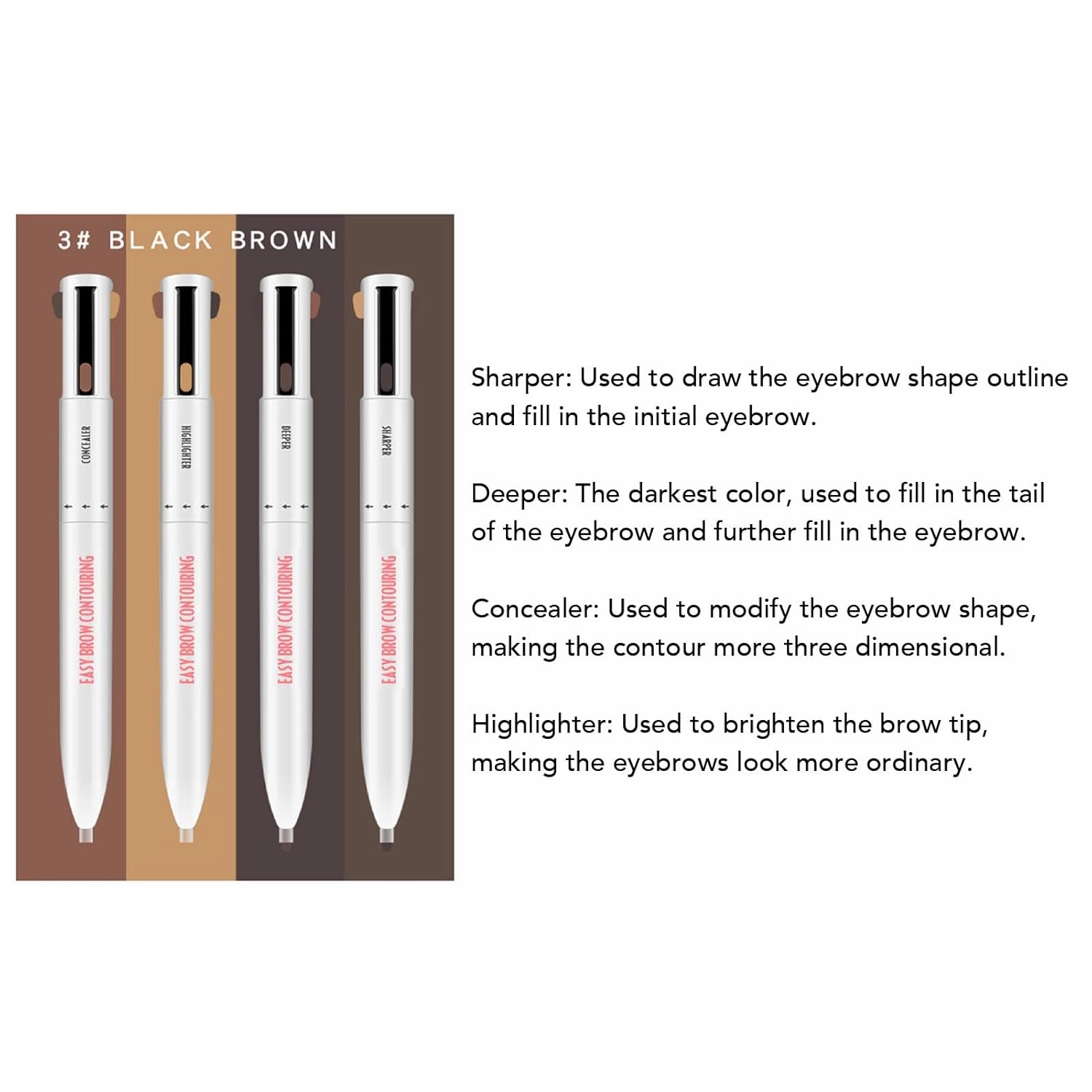 Sonew 4 In1 Eyebrow Contour Highlight Pen, ing Eyebrow Tint Pen Brow Defining Pencil Eye Makeup Beauty Tool for Women Girls (3# Black Brown)