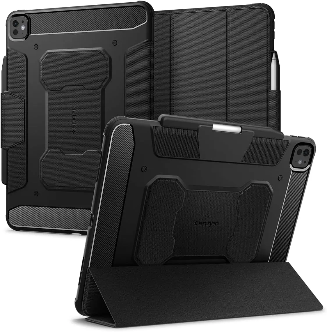 Spigen for iPad Pro 13 inch Case M4 (2024), Rugged Armor Pro Protective Tri-Fold Cover with Pencil Holder, Black