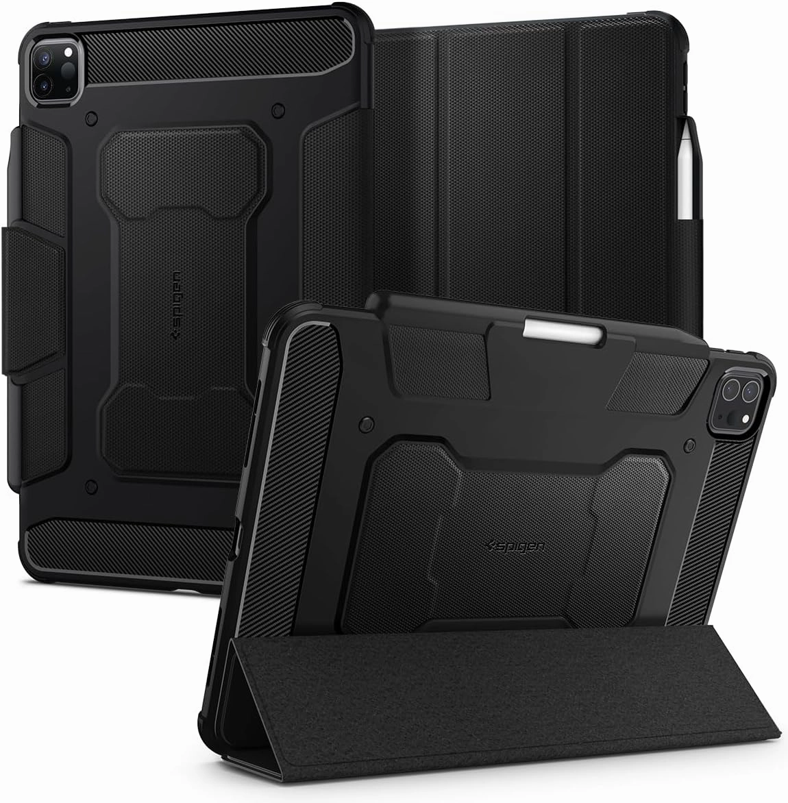 Spigen for iPad Pro 11 inch Case M2 4th Generation (2022) / 3rd Generation (2021) / 2nd Generation (2020) / 1st Generation (2018), Rugged Armor Pro Protective Tri-Fold Cover with Pencil Holder, Black