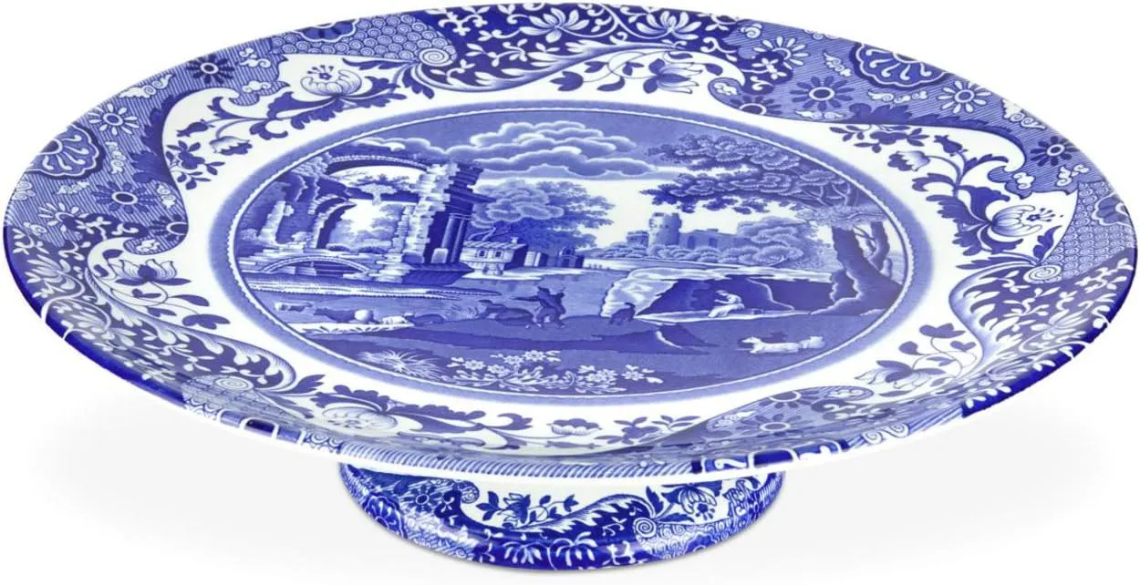 Spode Blue Italian Collection Cake Stand | 10.5 Inch Footed Cake Stand for Parties, Cupcakes, and Dessert Display | Made of Fine Porcelain | Dishwasher Safe